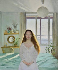 Goodmorning! - 21st Century figurative Interior Painting of a Girl in her Room