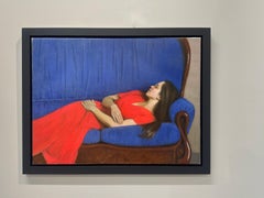 Siesta del mediodía- Pintura del siglo XXI de una niña con un vestido rojo en un sofá azul