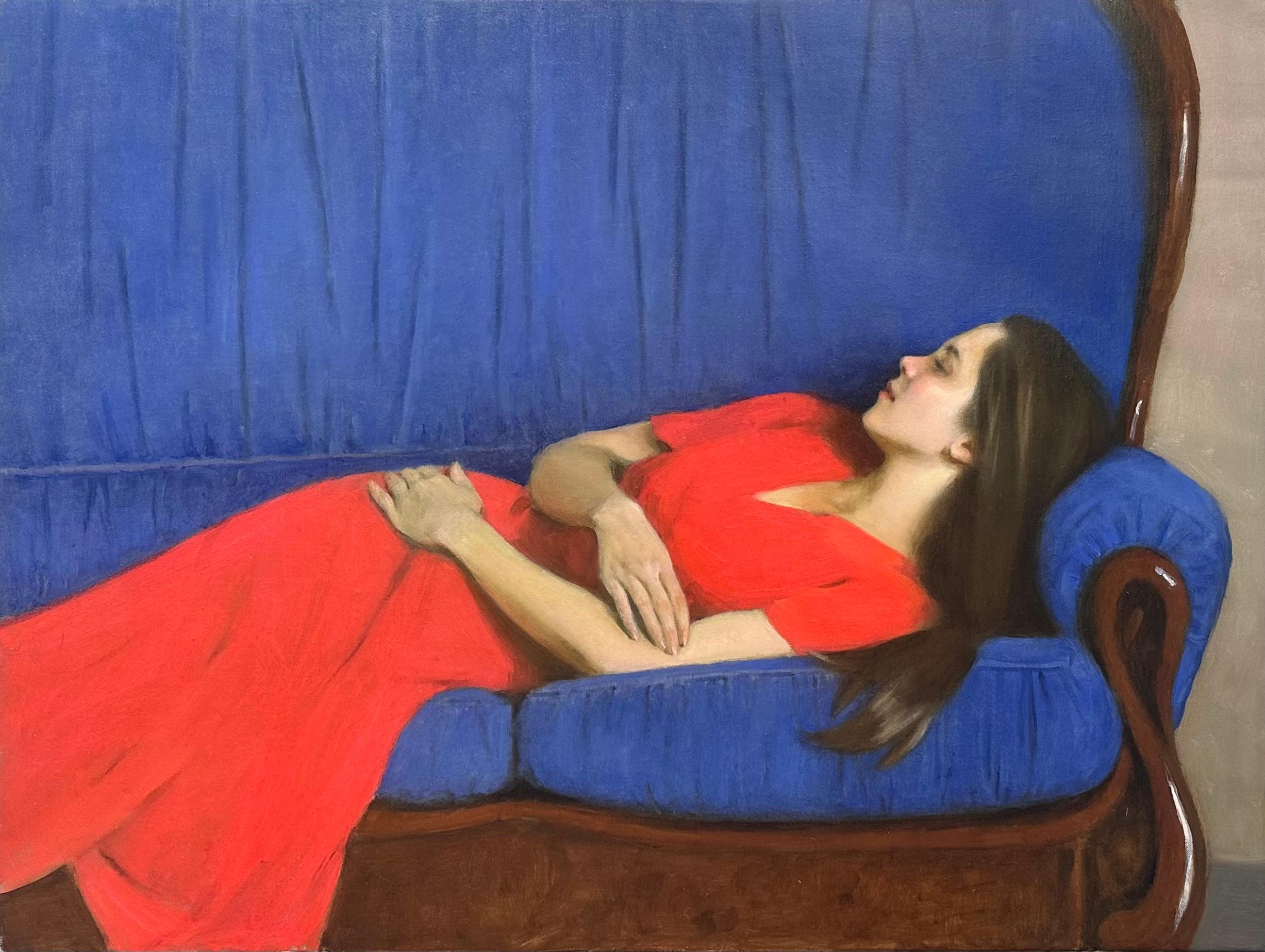 Ksenya Istomina Portrait Painting - Midday nap- 21st century painting of a girl in a red dress on a blue sofa
