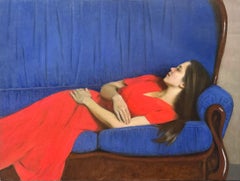 Midday nap- 21st century painting of a girl in a red dress on a blue sofa