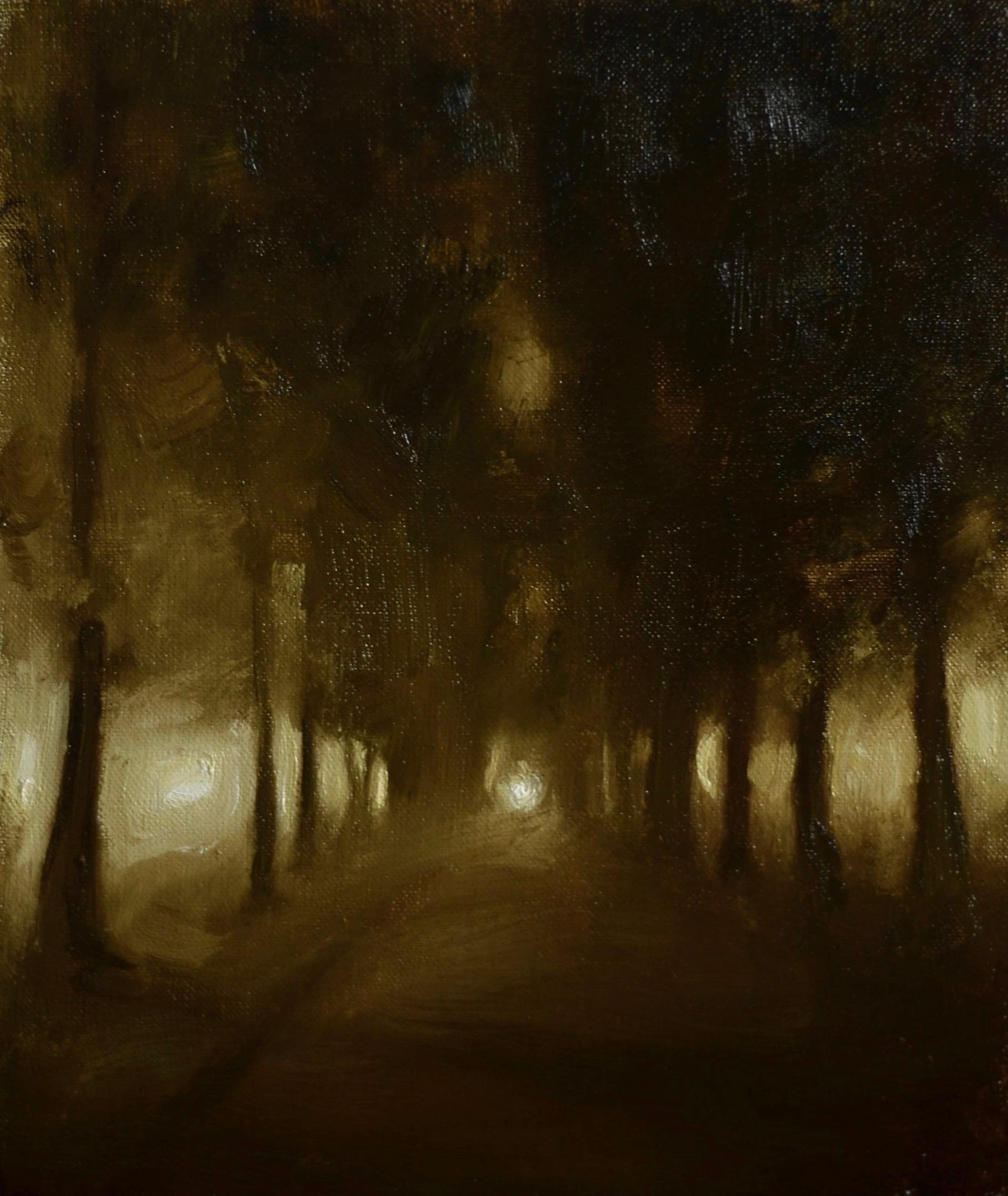 Ksenya Istomina Figurative Painting - Night street- 21st Century Still-life Painting of a road with trees in the dark.