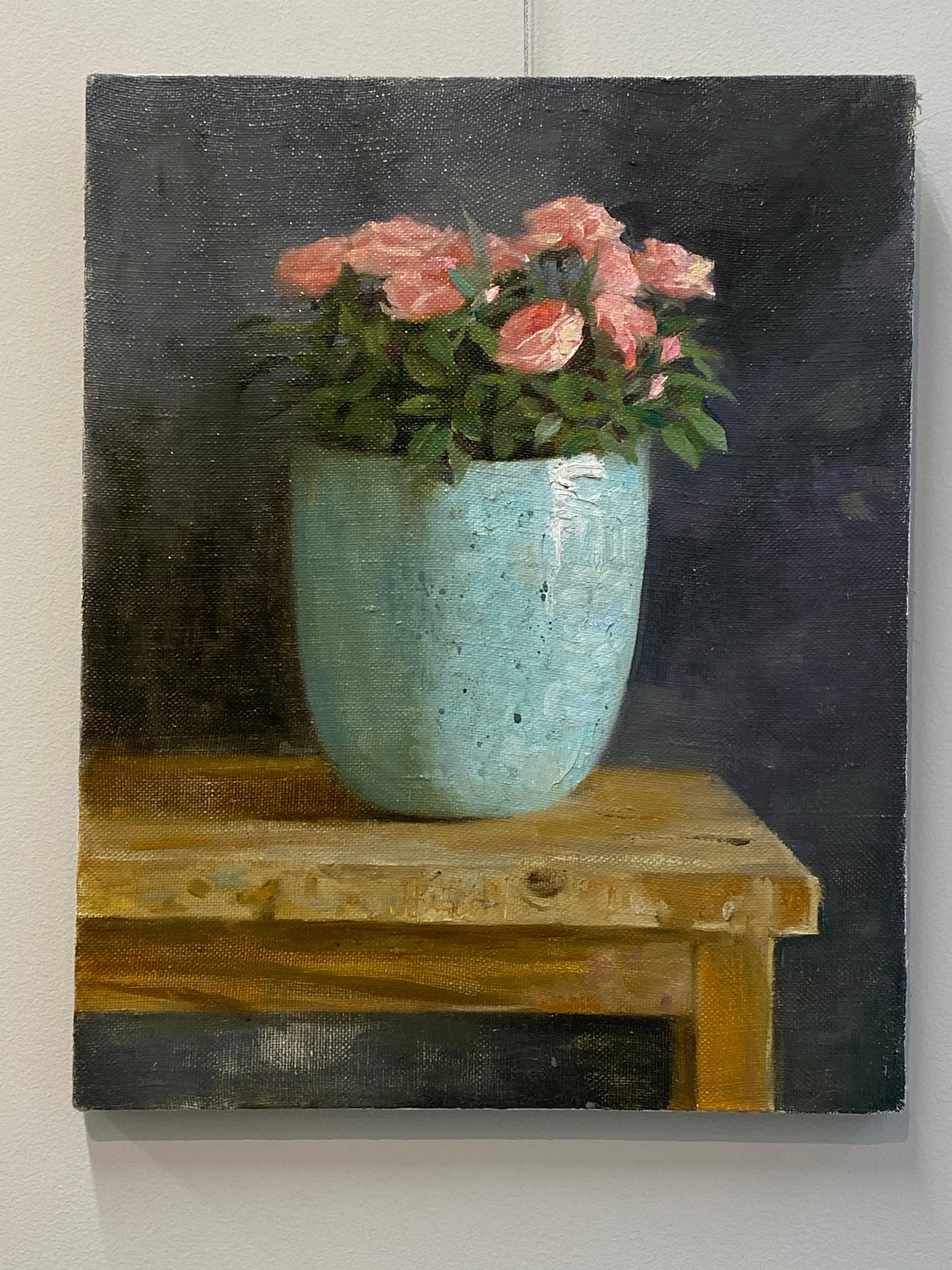 Pink Roses-21st Century Still-life Painting of a Blue Bowl with Pink Roses 1