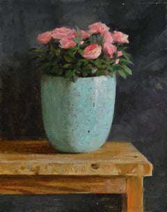 Pink Roses-21st Century Still-life Painting of a Blue Bowl with Pink Roses