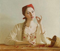 Red Bilberries - 21st Century figurative Painting of a Girl eating bilberries