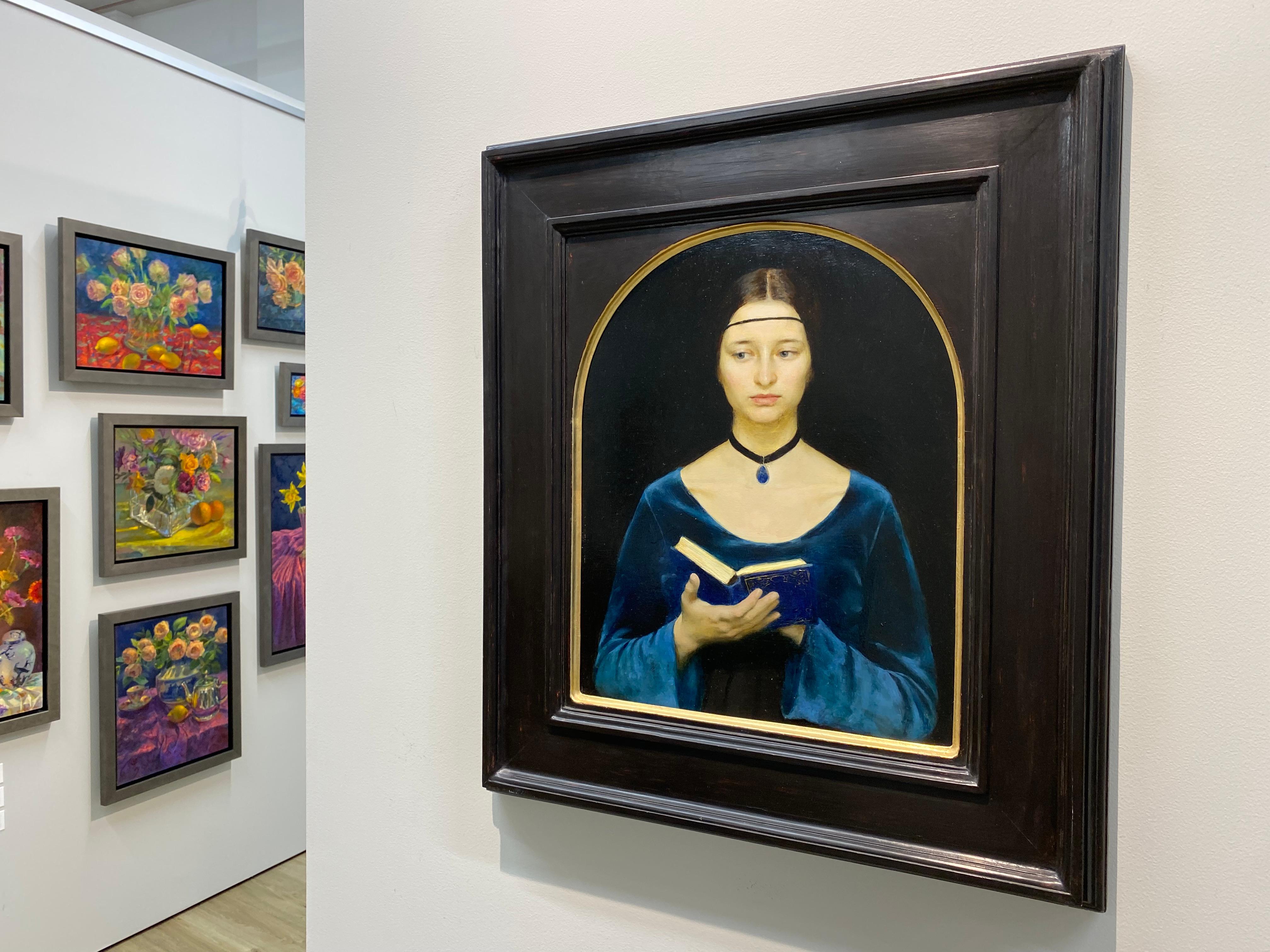 Renaissance Lady- 21st Century Portrait Painting of a Reading Woman - Black Figurative Painting by Ksenya Istomina