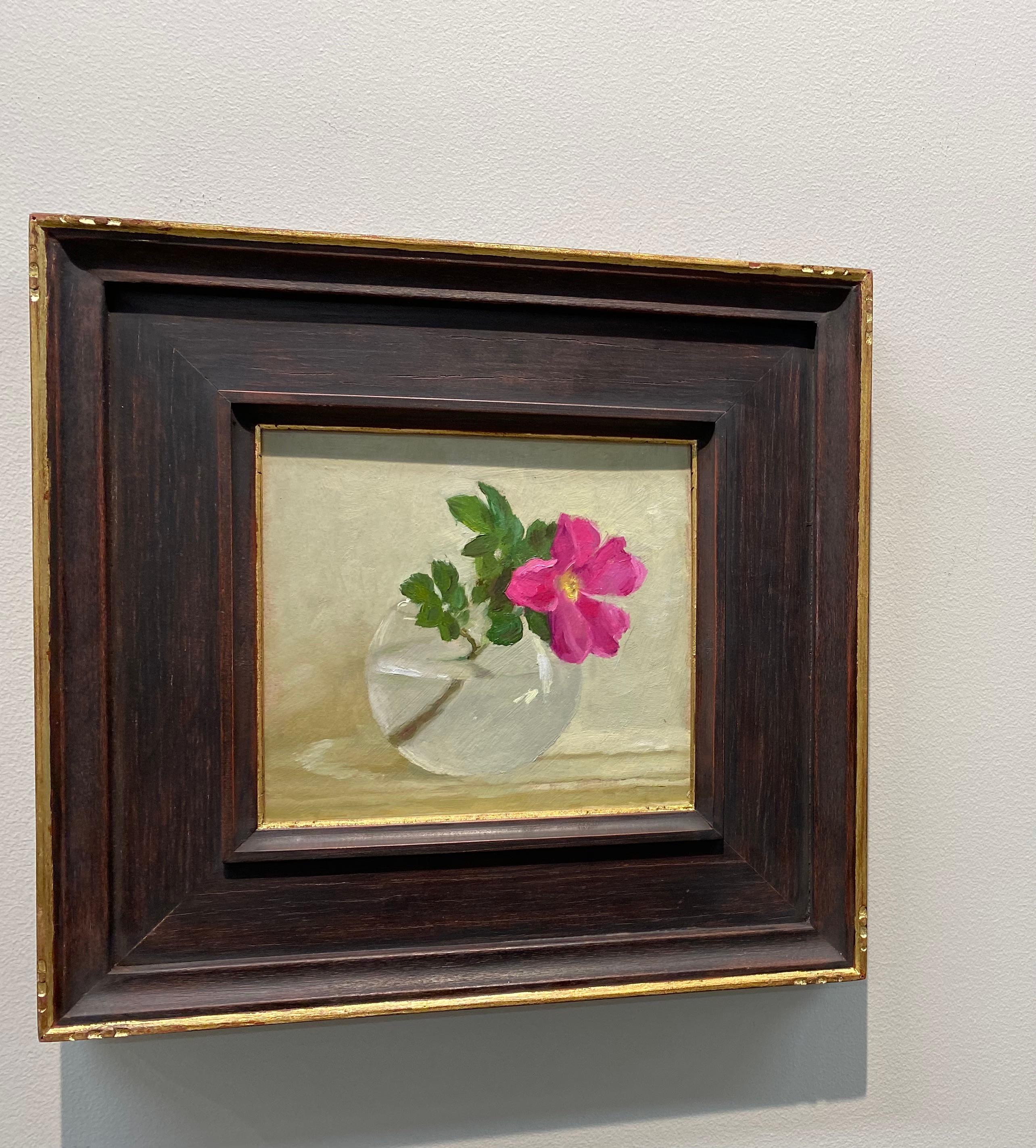 Rosehip-21st Century Still-life Painting of a Glass Bowl with Pink Rosehips - Gray Still-Life Painting by Ksenya Istomina
