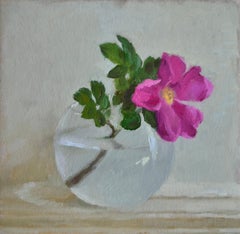 Rosehip-21st Century Still-life Painting of a Glass Bowl with Pink Rosehips