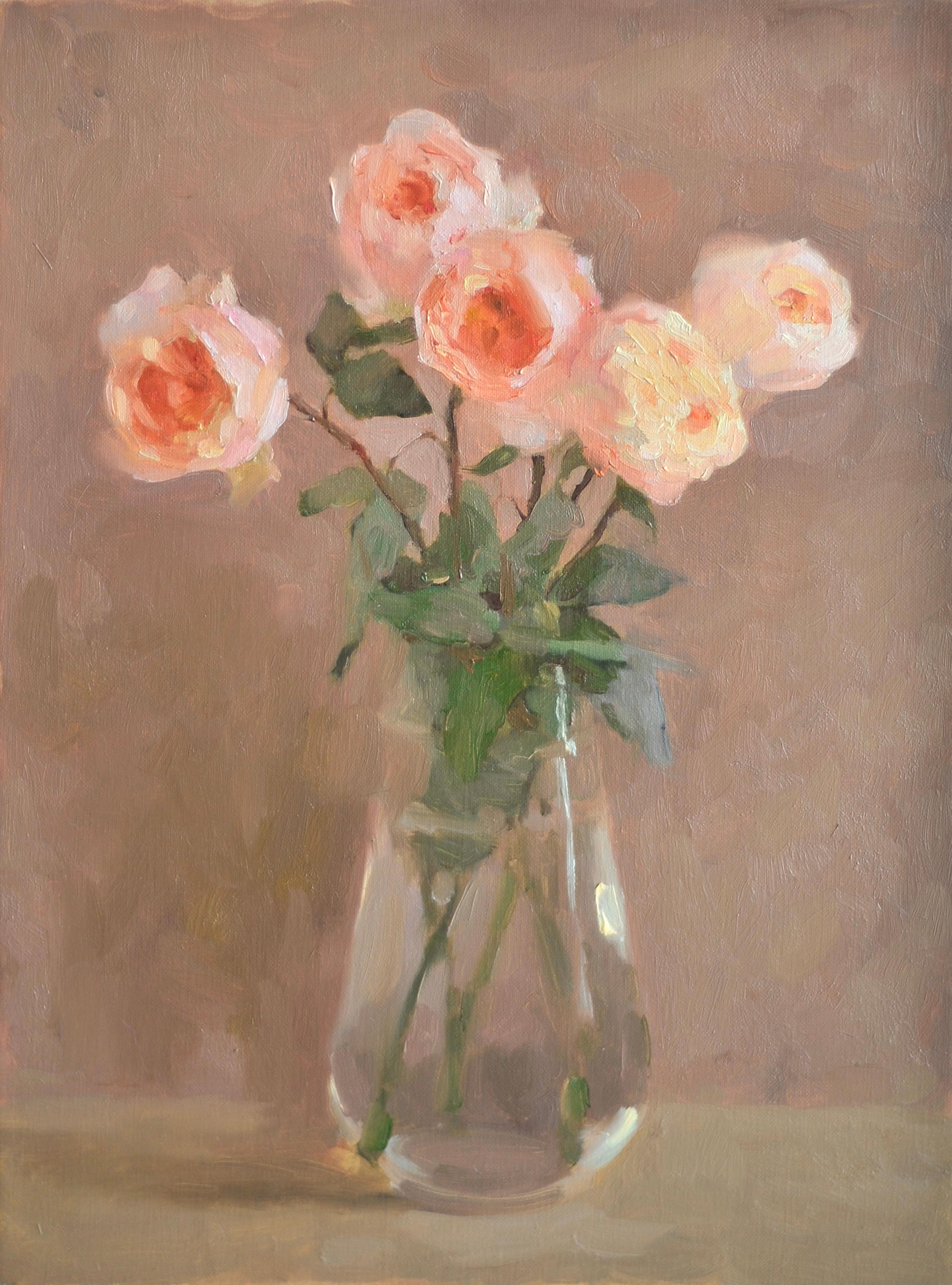Roses in a Glass Vase - 21st Century Contemporary Still Life Floral Oil Painting