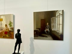 Waiting-21st Century Contemporary Painting of young man sitting in window light