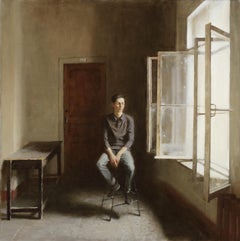 Waiting-21st Century Contemporary Painting of young man sitting in window light