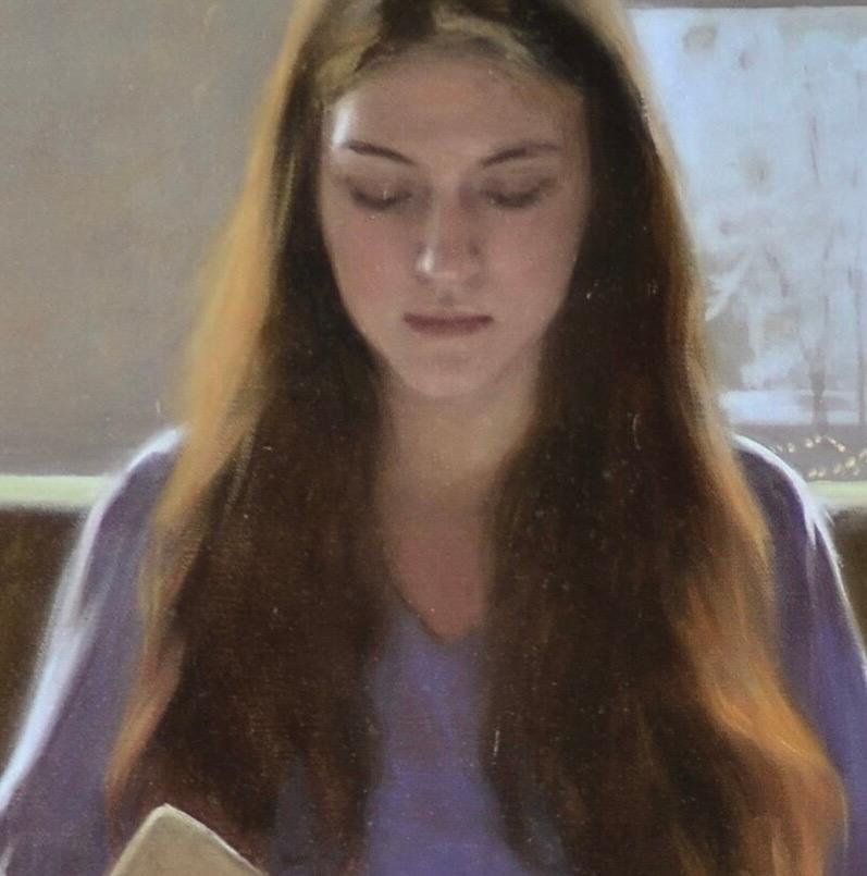 Watching her Sketchbook -21st century interior and portrait painting of a girl  - Painting by Ksenya Istomina