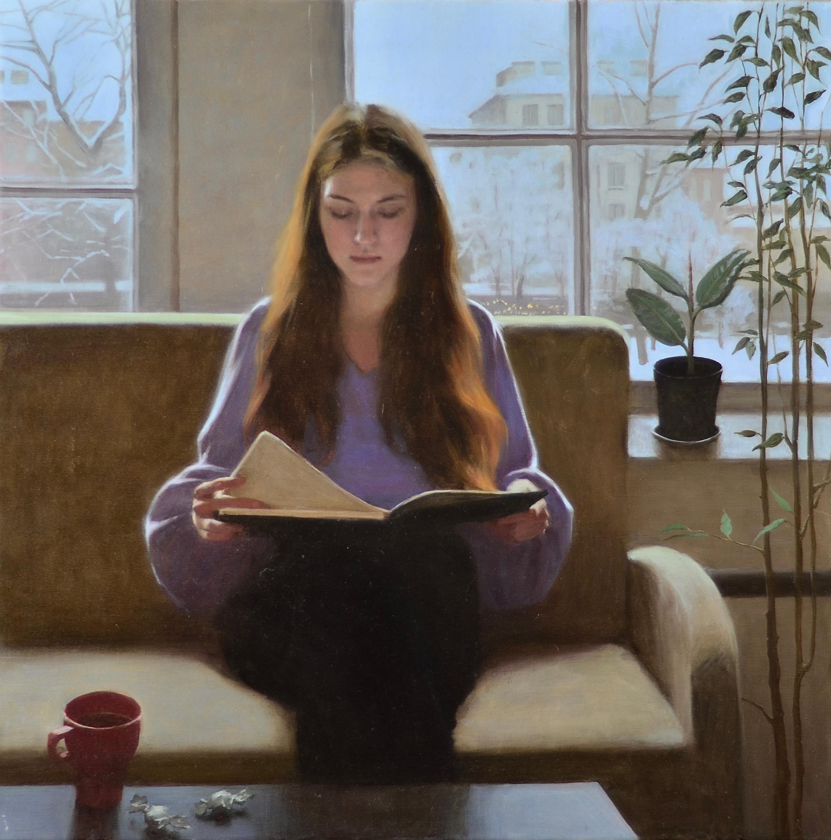 Observando su cuaderno de bocetos -Pintura de interior y retrato de niña del siglo XXI