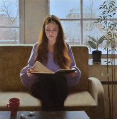 Observando su cuaderno de bocetos -Pintura de interior y retrato de niña del siglo XXI