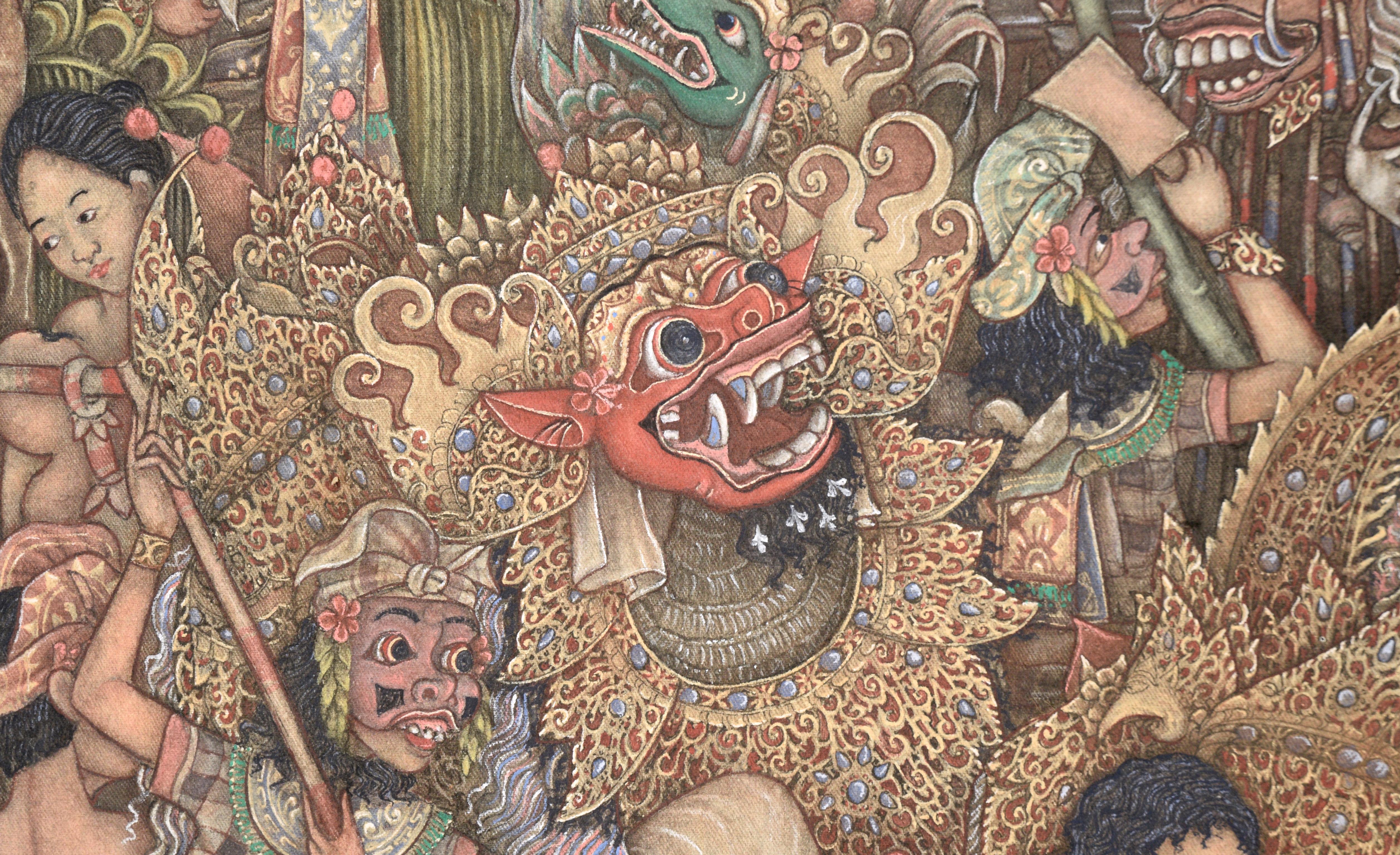 Barong Masken-Tanz - Balinesisches Ubud-Gemälde von KT Sunu im Angebot 6