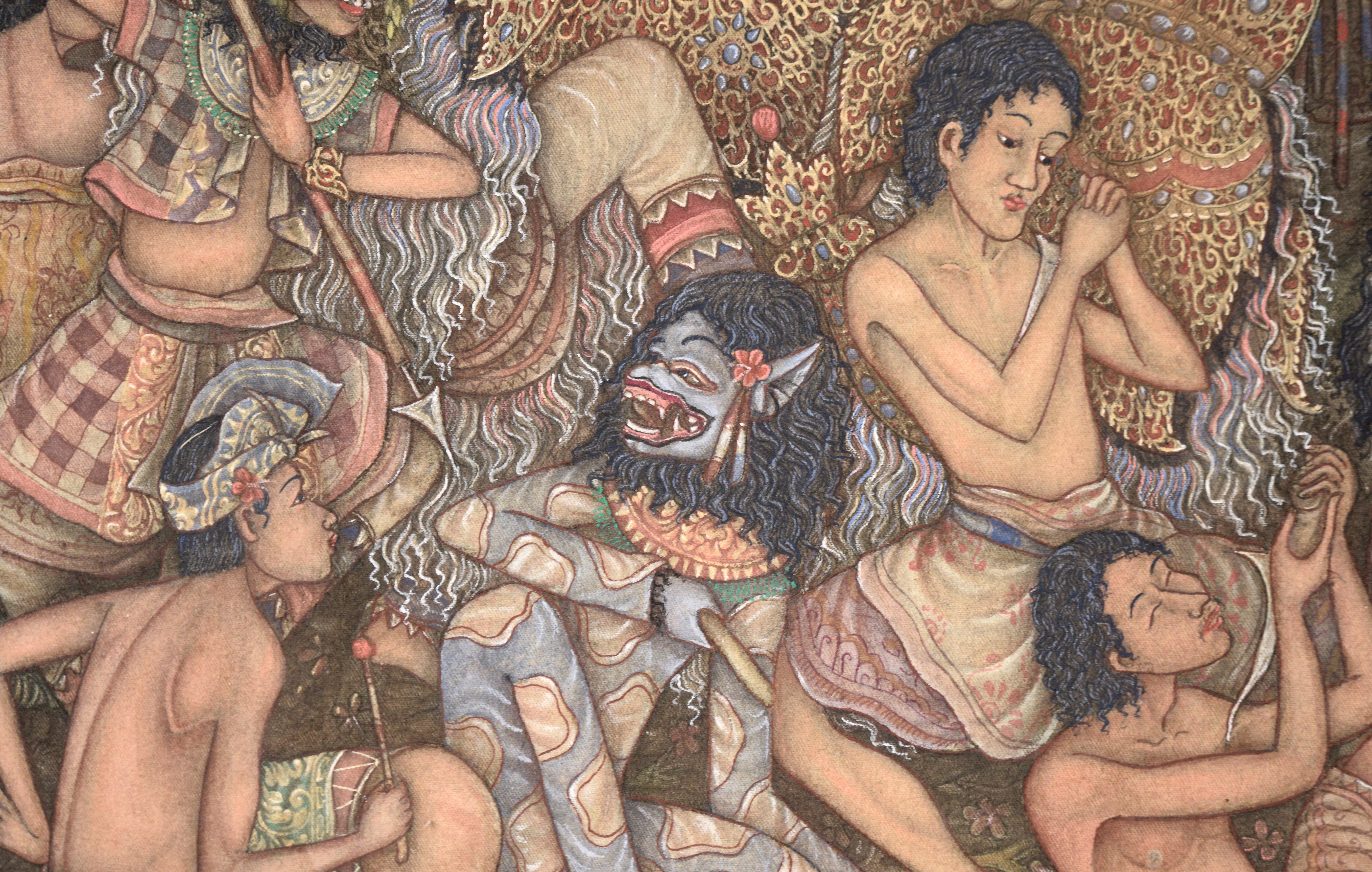 Barong Masken-Tanz - Balinesisches Ubud-Gemälde von KT Sunu im Angebot 7