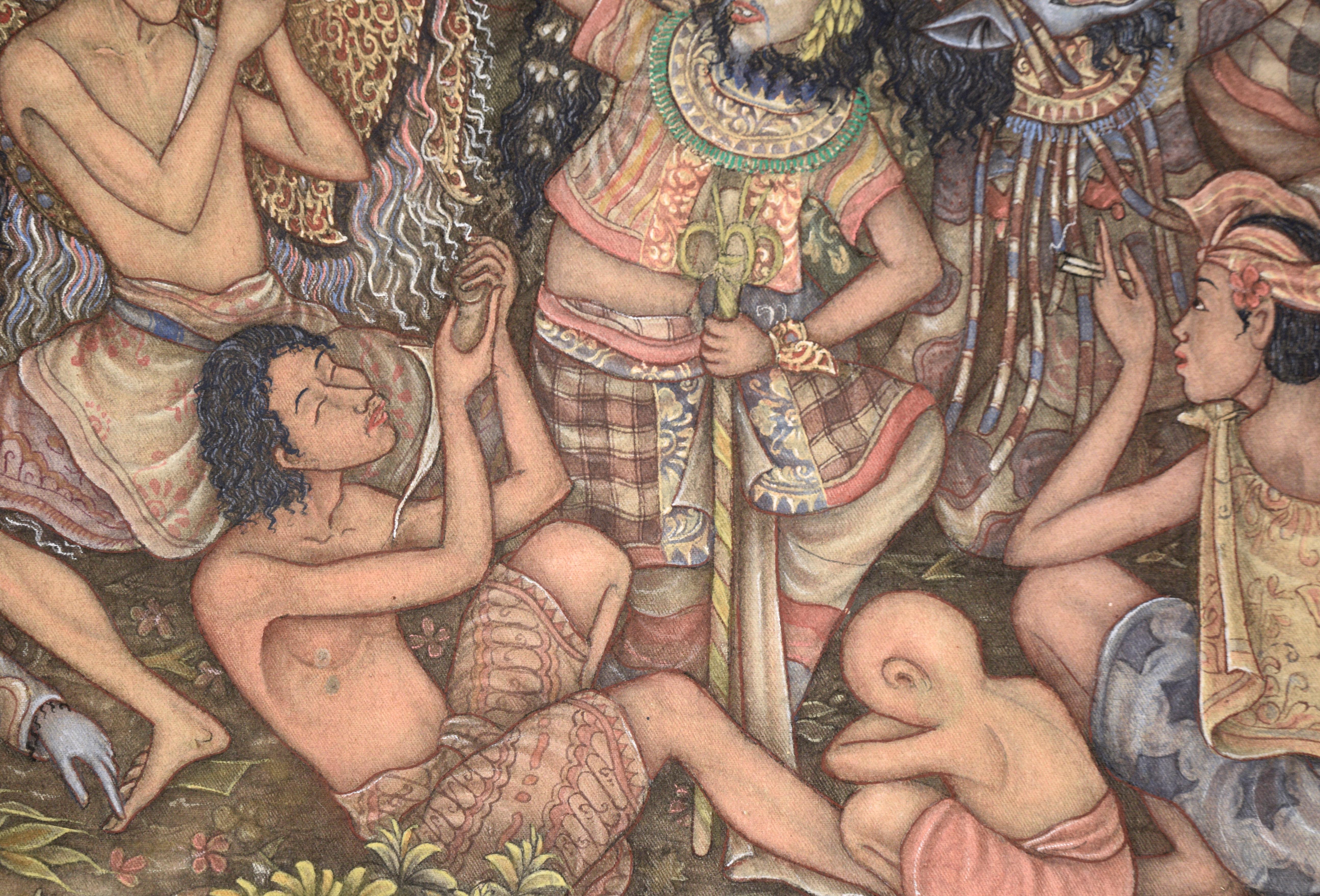Barong Masken-Tanz - Balinesisches Ubud-Gemälde von KT Sunu im Angebot 8