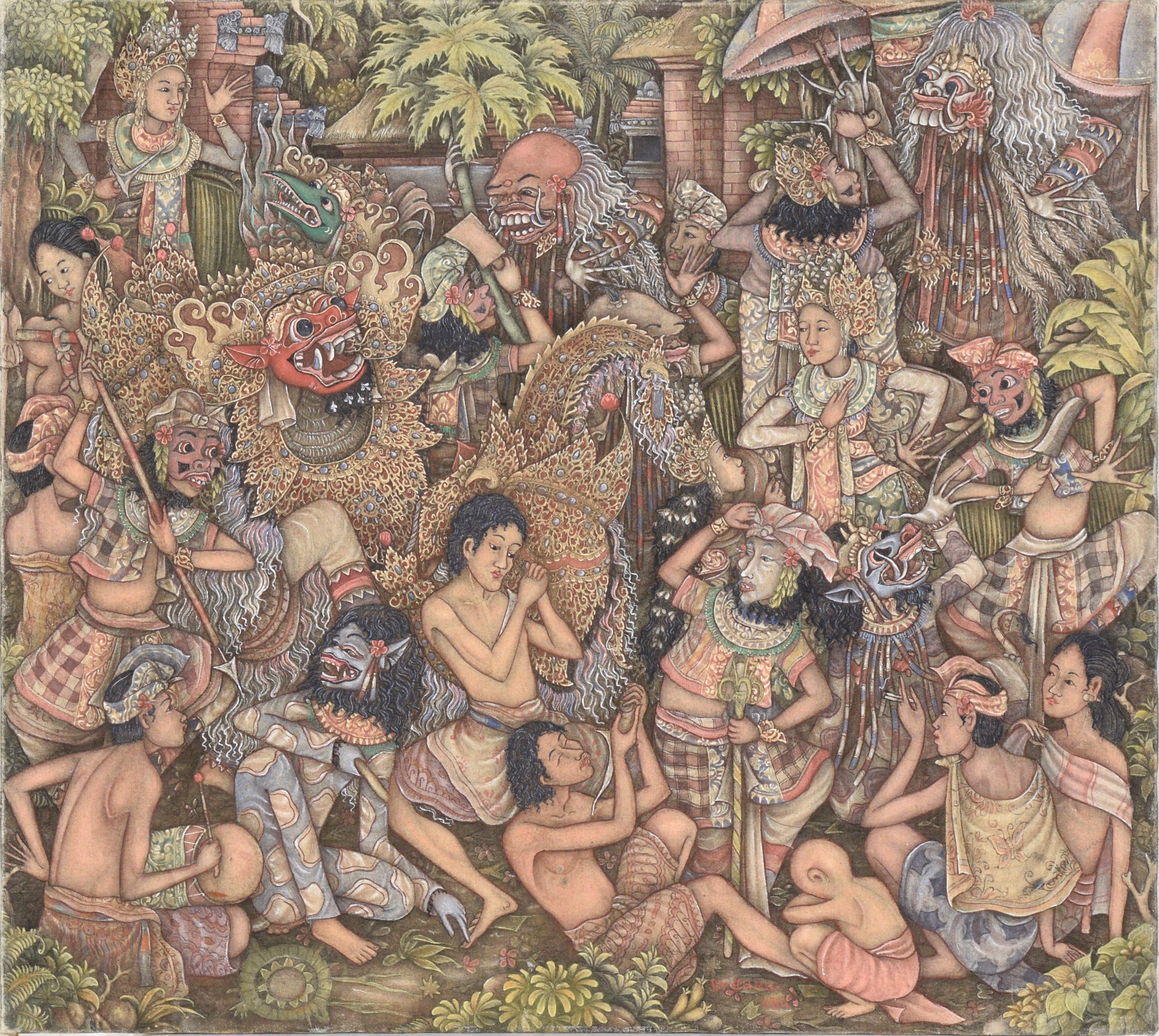 Sehr detaillierte Darstellung eines Barong-Maskentanzes auf Bali. Mehrere Personen, die kunstvolle Masken tragen, nehmen an einem Tanz oder Ritual teil. Zusätzlich zu den Masken und Kostümen tragen die Menschen weiß, rot und blau gestreifte