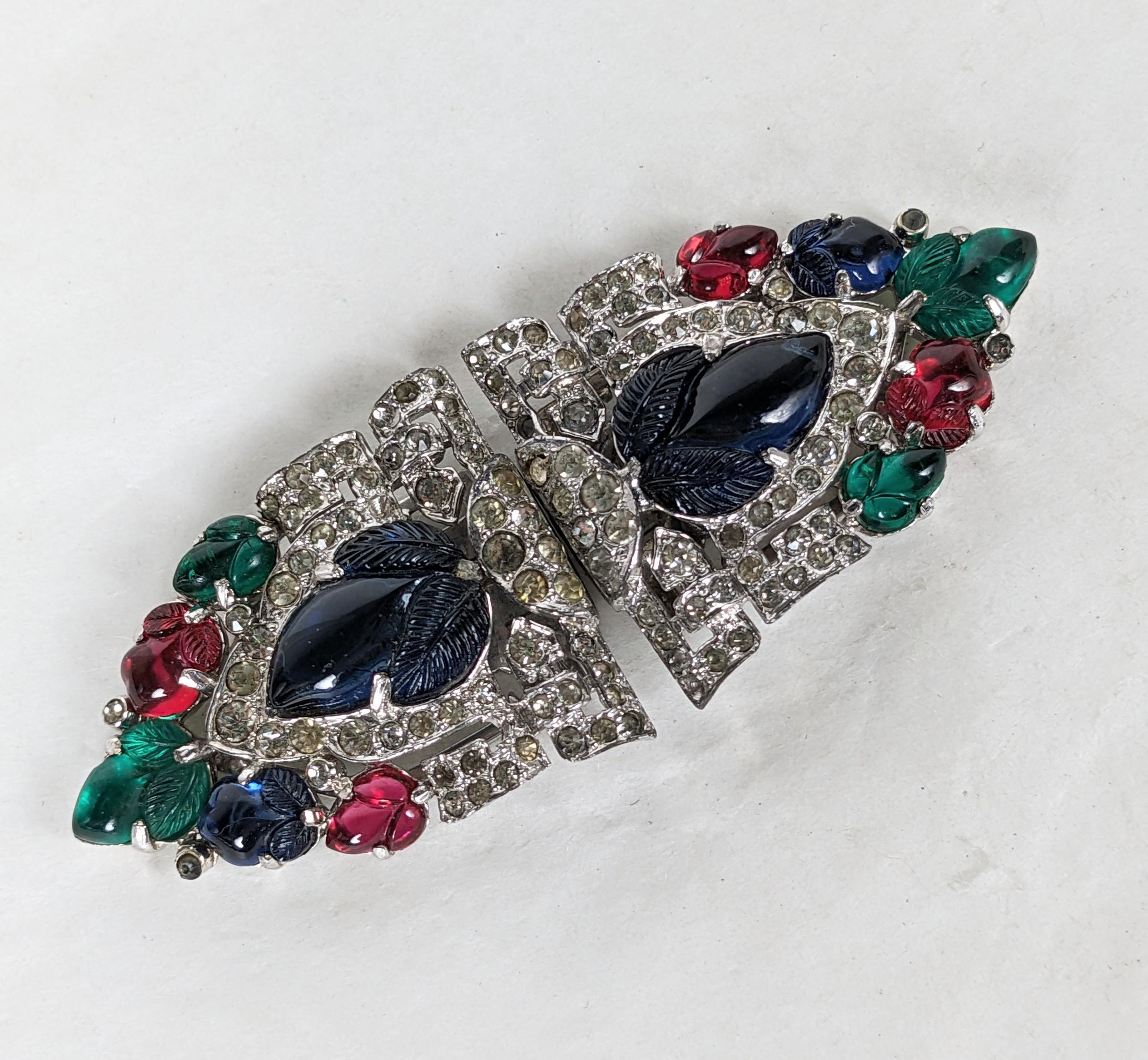 Pair of KTF Trifari Alfred Philippe pave and tricolour fruit salads art deco shield shaped dress clips. The matched pair of rhodium plate base metal, crystal rhinestones pave, faux emerald, ruby and sapphire fruit salad molded glass cabocheons. L 1