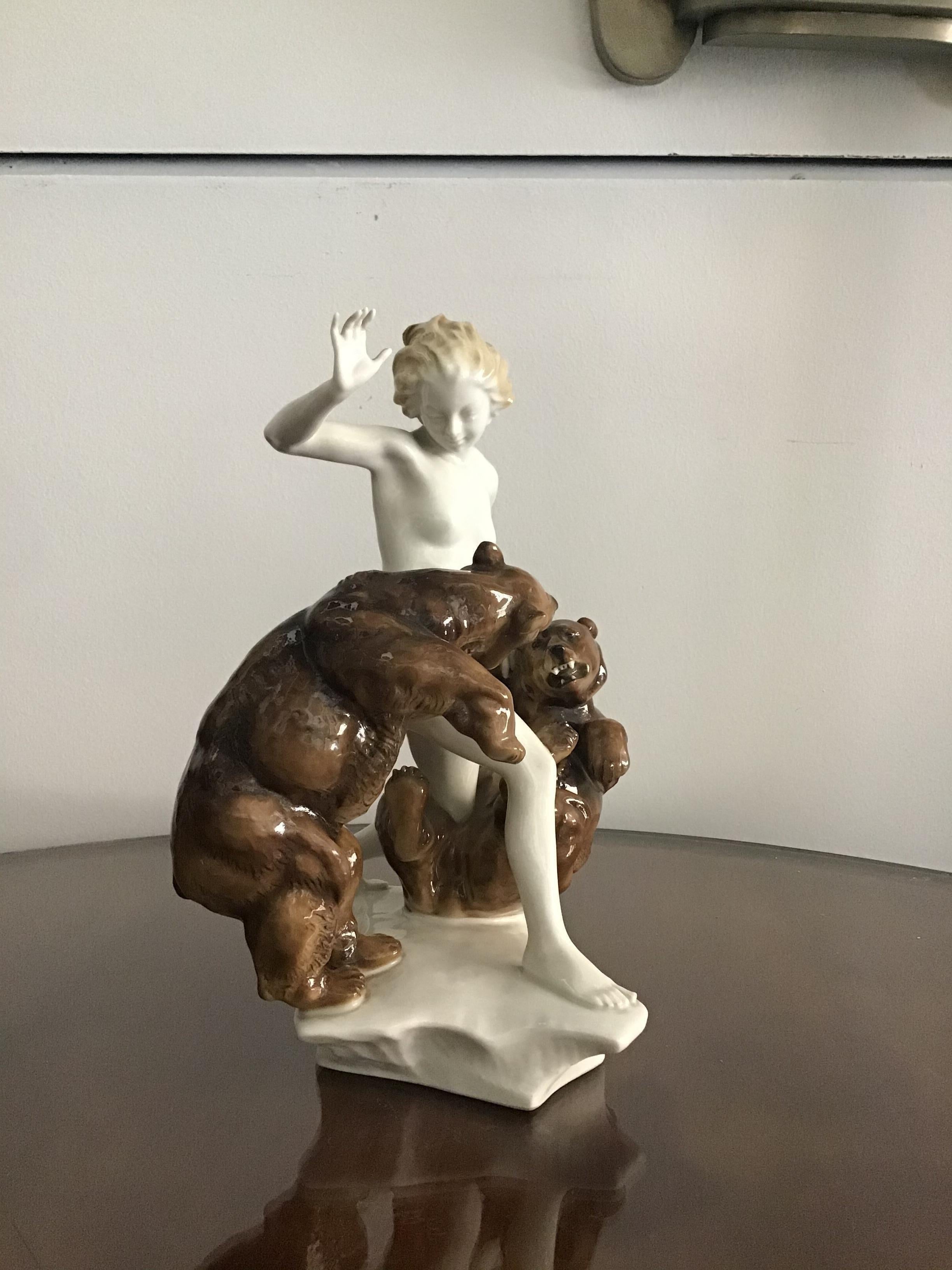 Mid-20th Century K.Tutter “Woman with Bears” Porcelain, 1940, Germany  For Sale