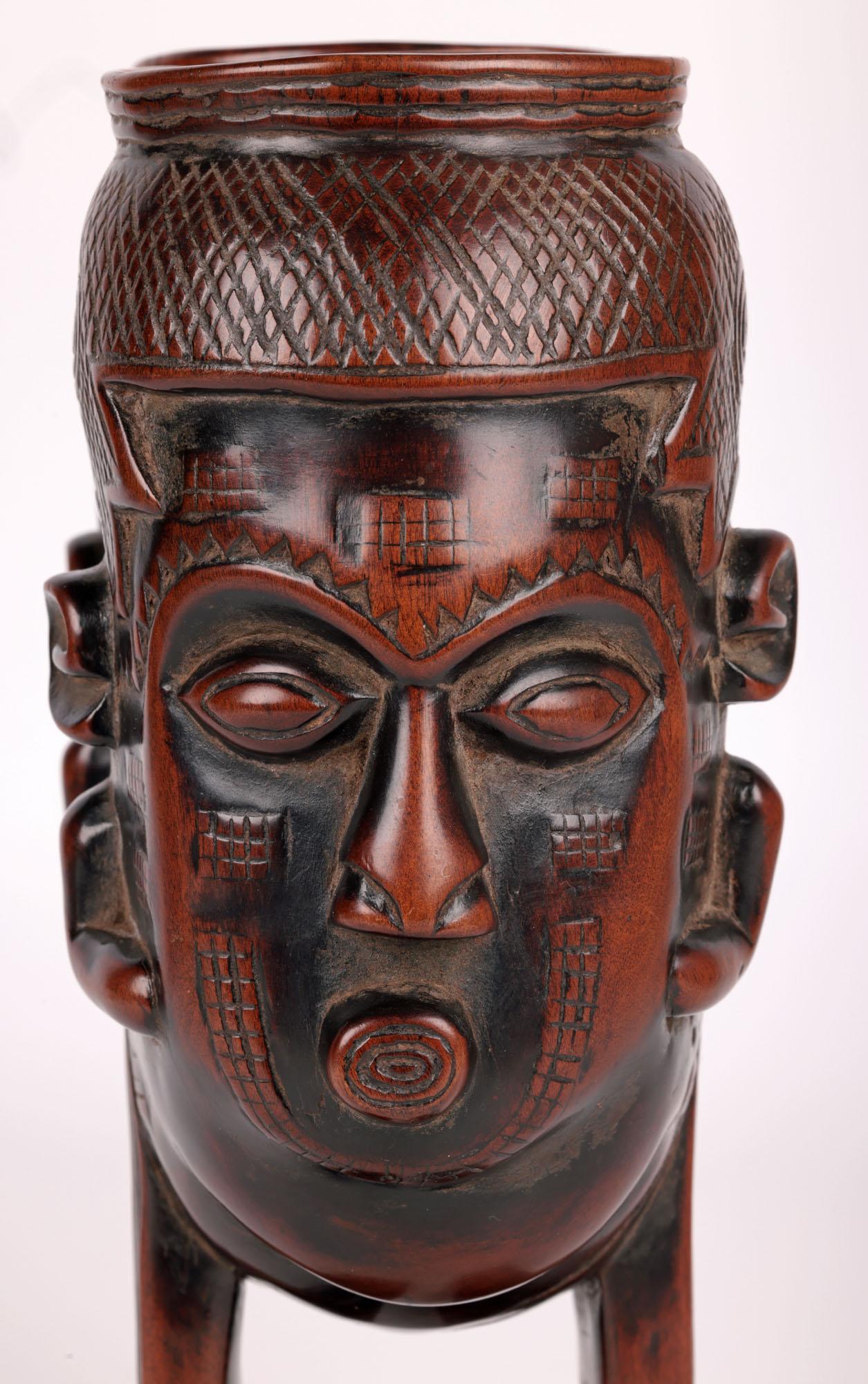 Hand-Carved Kuba African Anthropomorphic Double Head Palm Wine Cup For Sale