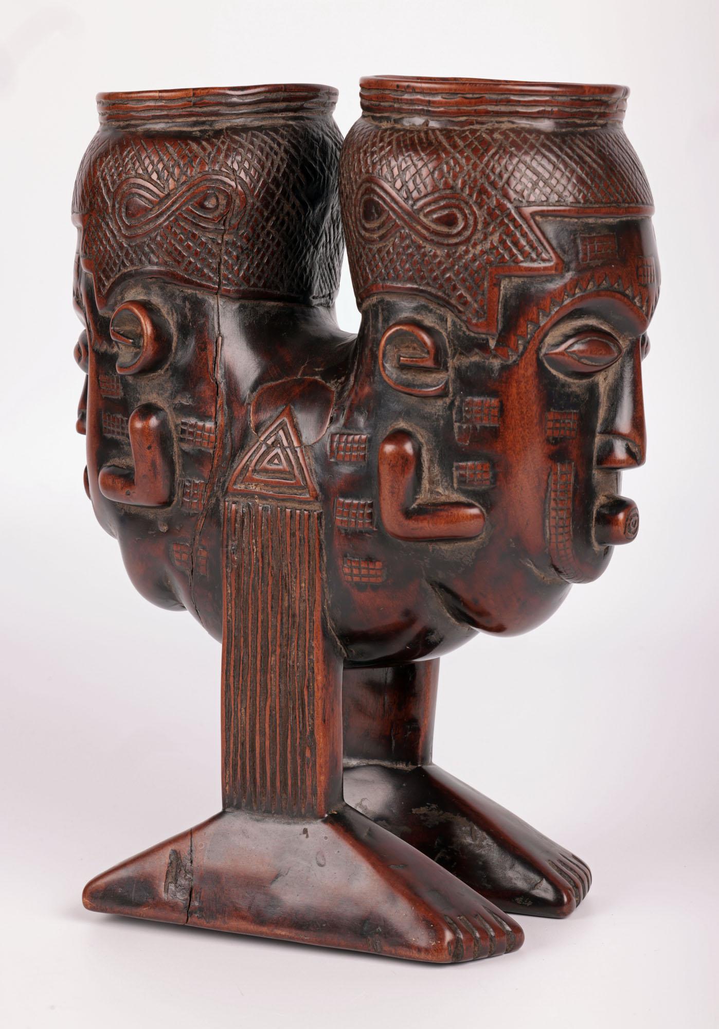 Kuba African Anthropomorphic Double Head Palm Wine Cup In Good Condition For Sale In Bishop's Stortford, Hertfordshire