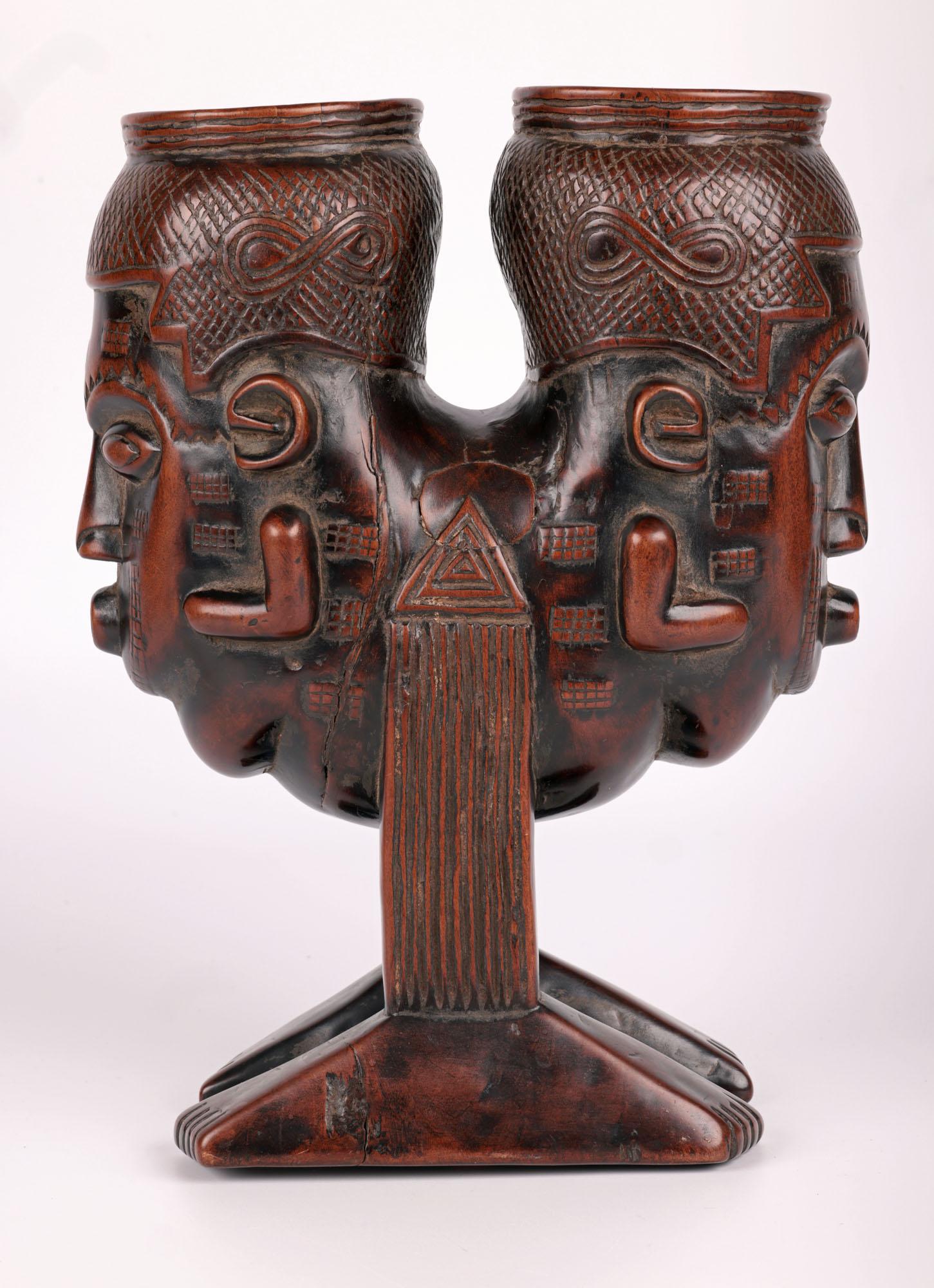 Hand-Carved Kuba African Anthropomorphic Double Head Palm Wine Cup For Sale