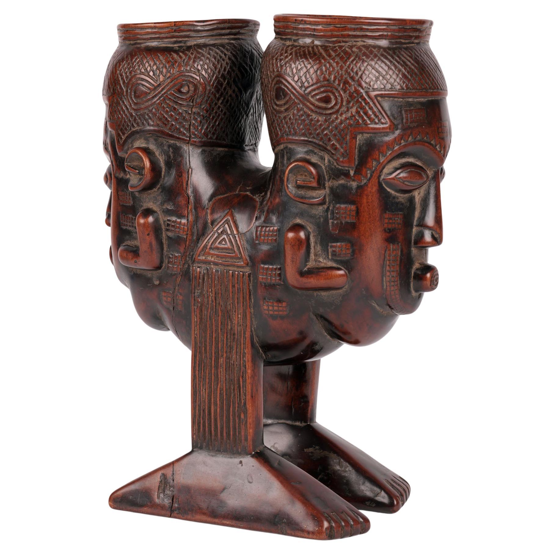 Kuba African Anthropomorphic Double Head Palm Wine Cup For Sale