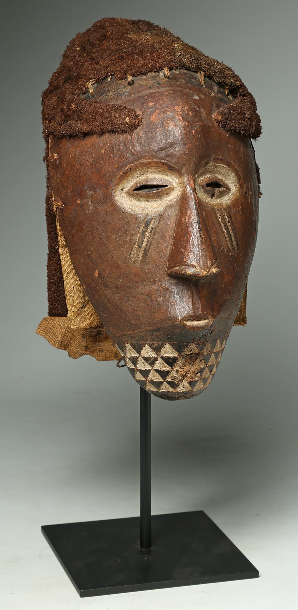 Hand-Carved Kuba Carved Wood Tribal Mask with Headress, Early 20th Century Congo, Africa For Sale