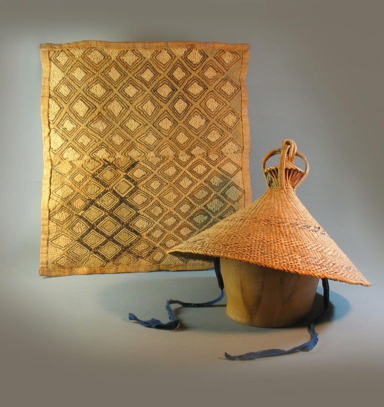 Kuba Ceremonial Raffia Textile Panel with a Hat from Lesotho Tribal Art Drc For Sale 4