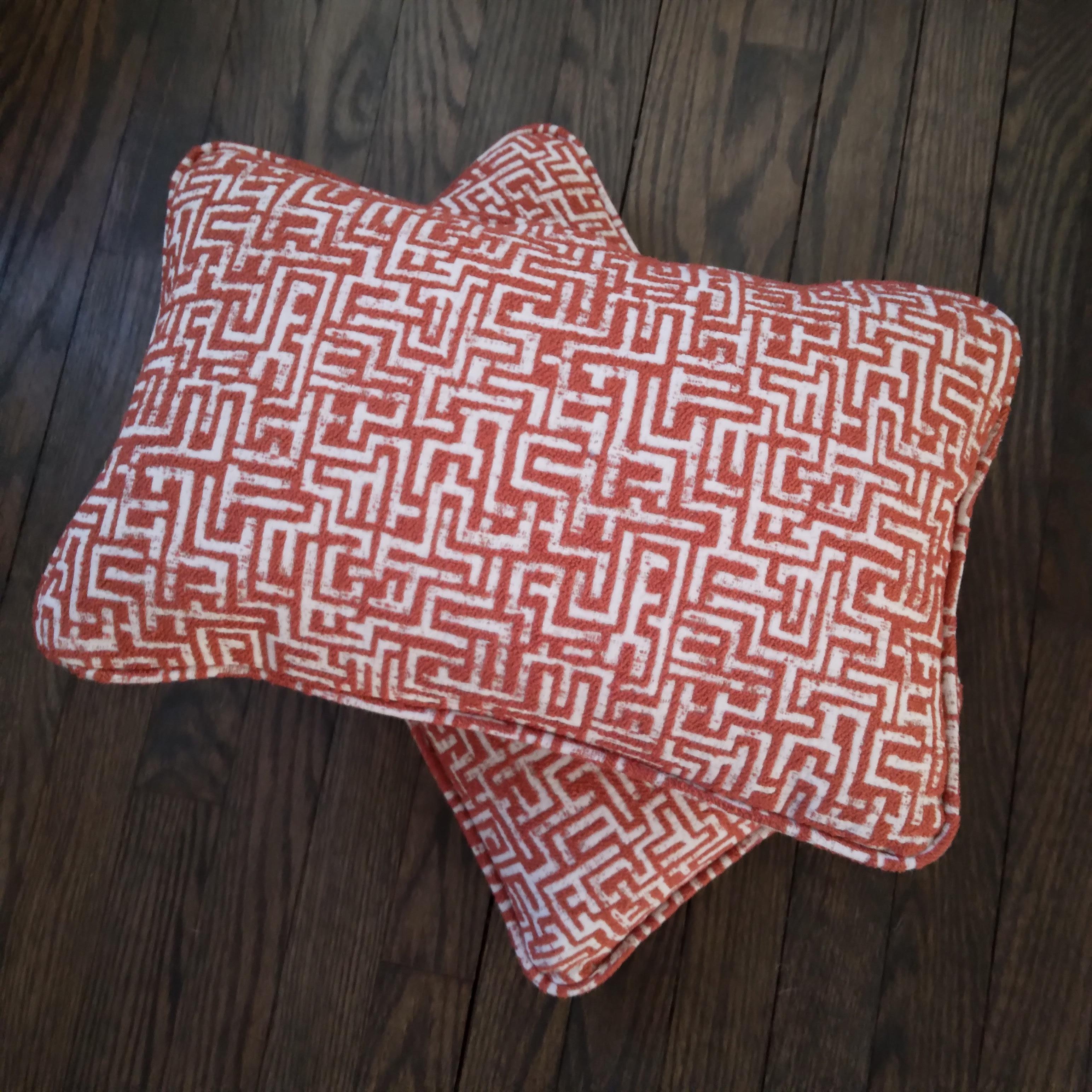 Tribal Kuba-inspired Geometric Jacquard Accent Pillows in Orange and White - a pair  For Sale