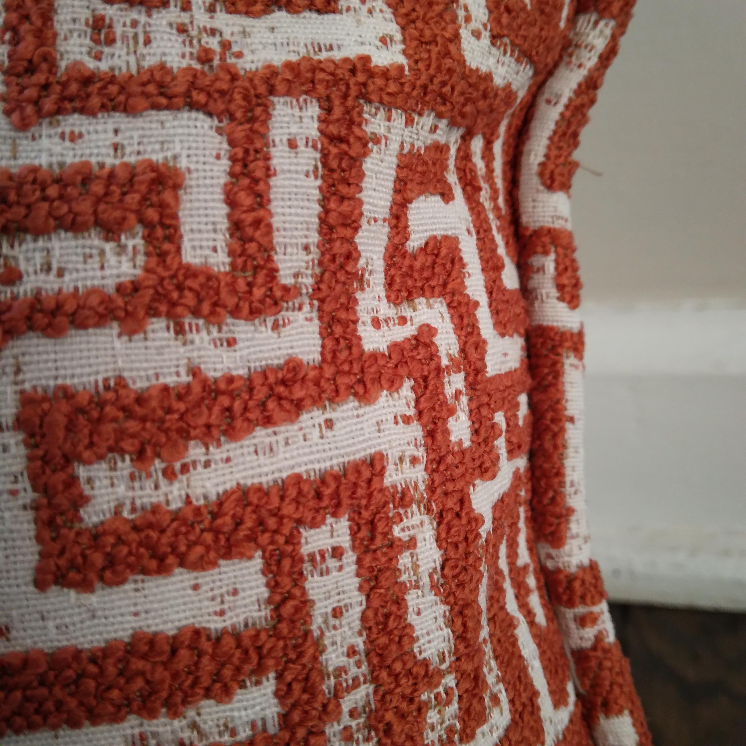 Contemporary Kuba-inspired Geometric Jacquard Accent Pillows in Orange and White - a pair  For Sale