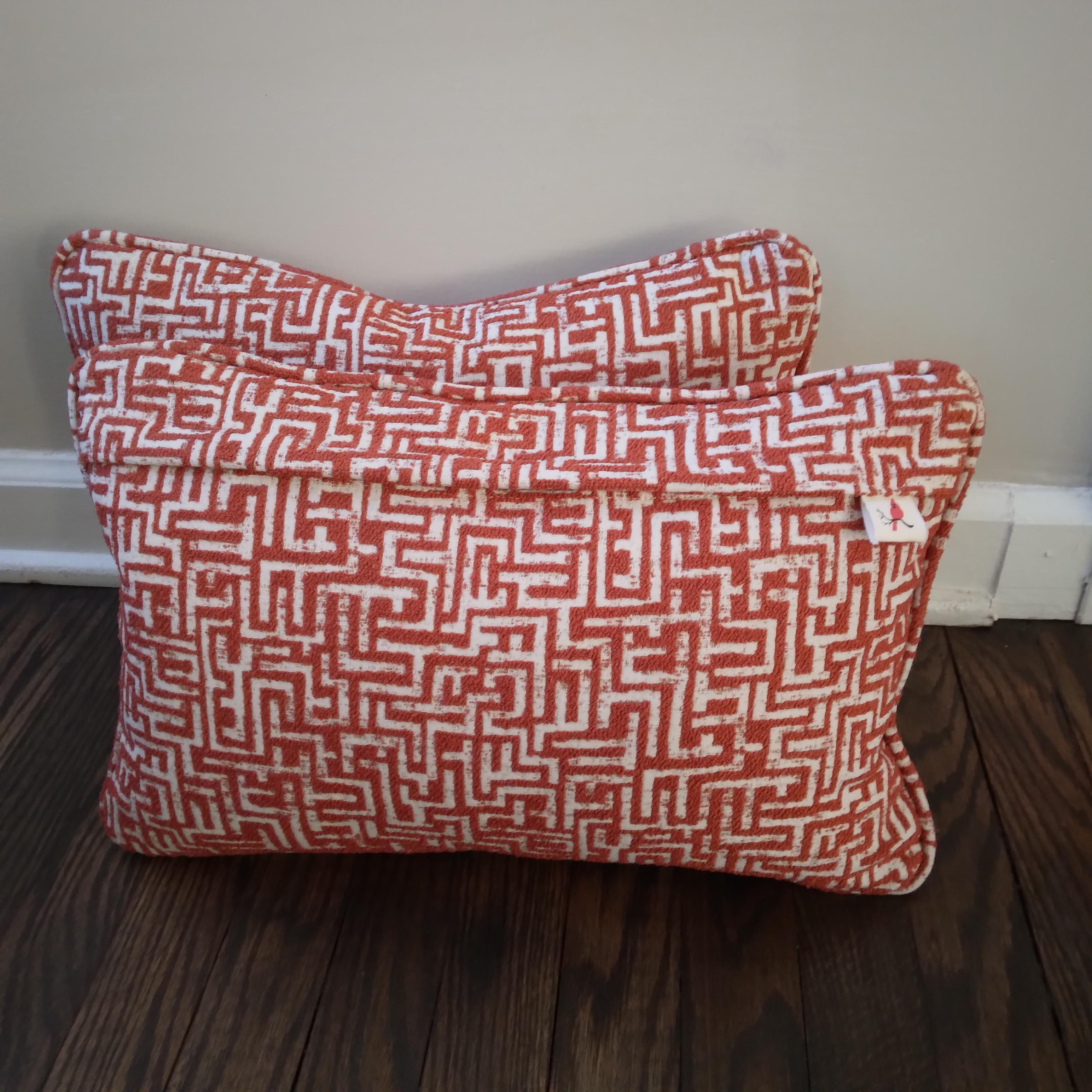 Polyester Kuba-inspired Geometric Jacquard Accent Pillows in Orange and White - a pair  For Sale