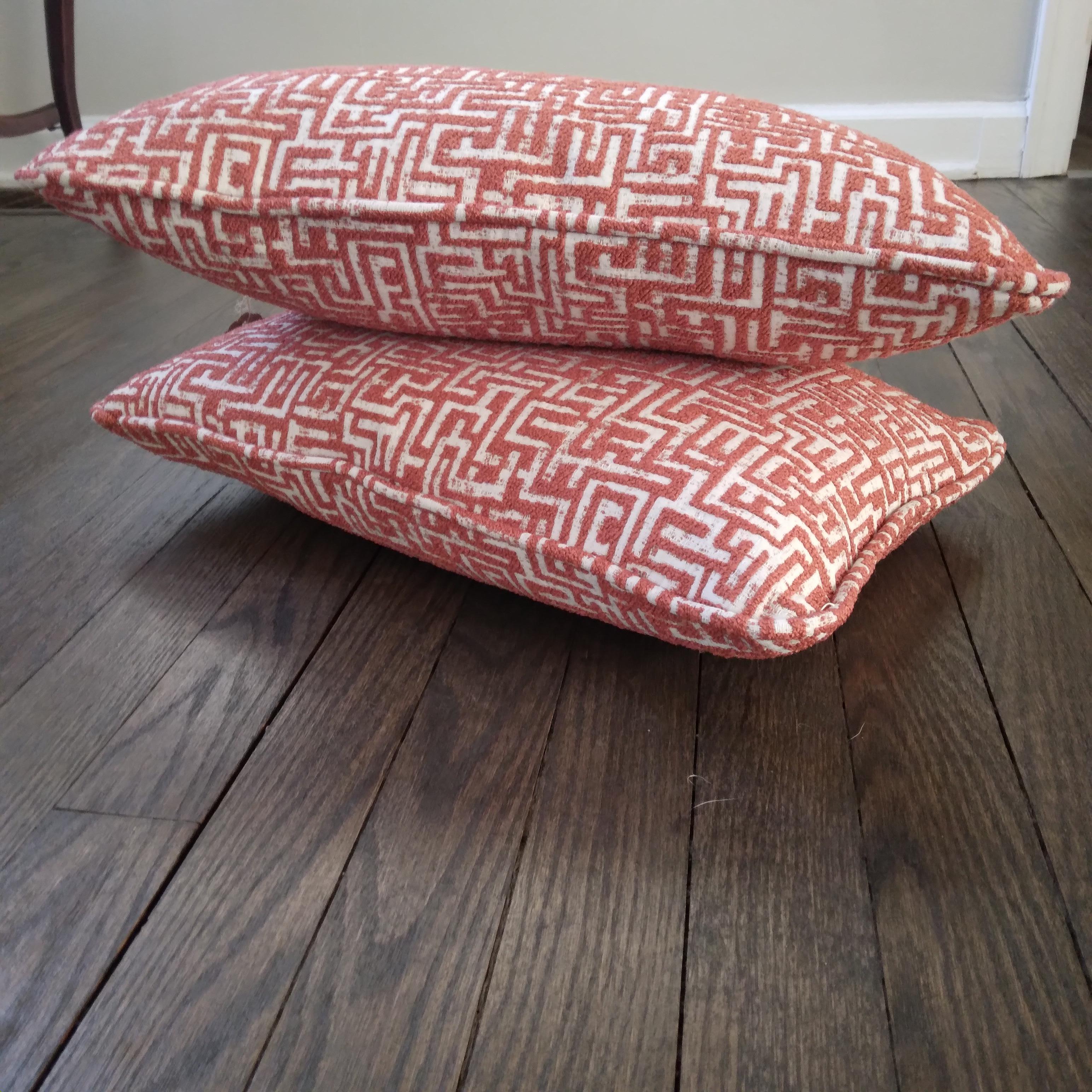 Kuba-inspired Geometric Jacquard Accent Pillows in Orange and White - a pair  For Sale 1