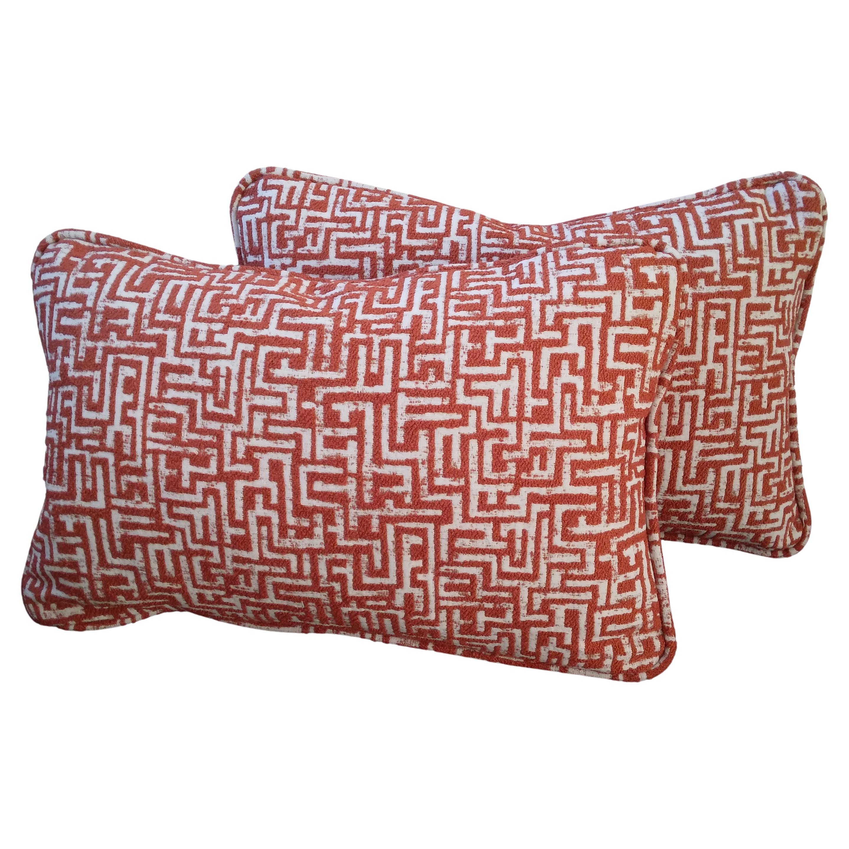Kuba-inspired Geometric Jacquard Accent Pillows in Orange and White - a pair  For Sale