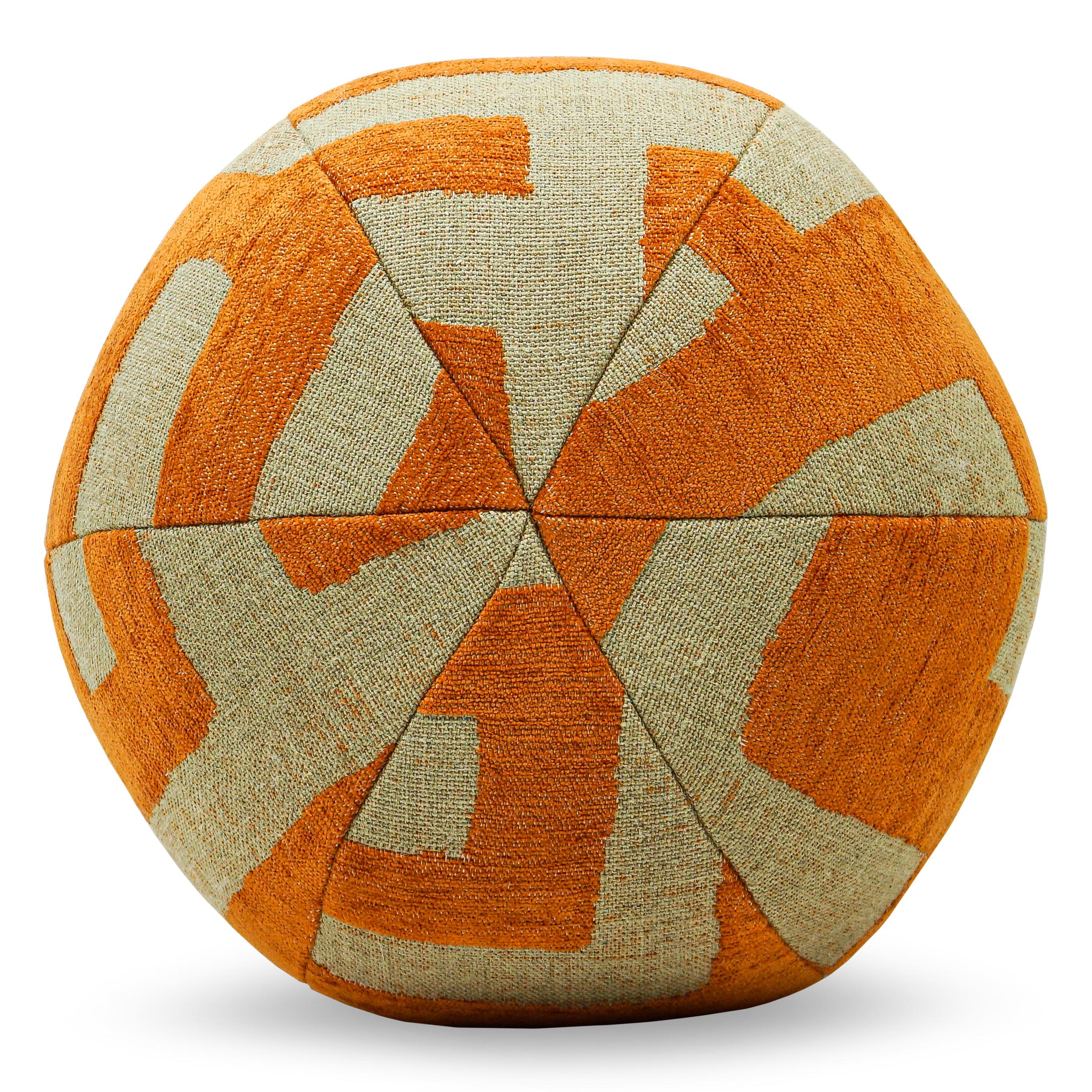 Romo Soft Velvet Fabric in a tribal pattern on a linen ground covers this ball pillow. Stuffed with a feather down blend. Ball can be made in any fabric. Ask for current availability of ball in fabric as shown. 

Measurements:
Overall: 12”W x