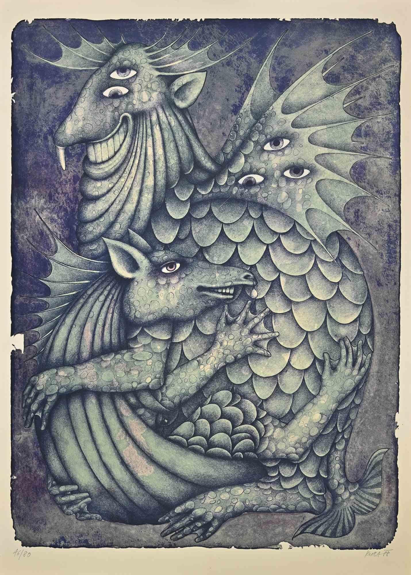 Devil is a Lithograph realized by Kuba in 1988.

Hand-signed by the artist on the lower.

Numbered, Limited edition of 46/80 prints.

Good conditions.

The artwork with great imagination illustrated green dragons with scales, through harmonious