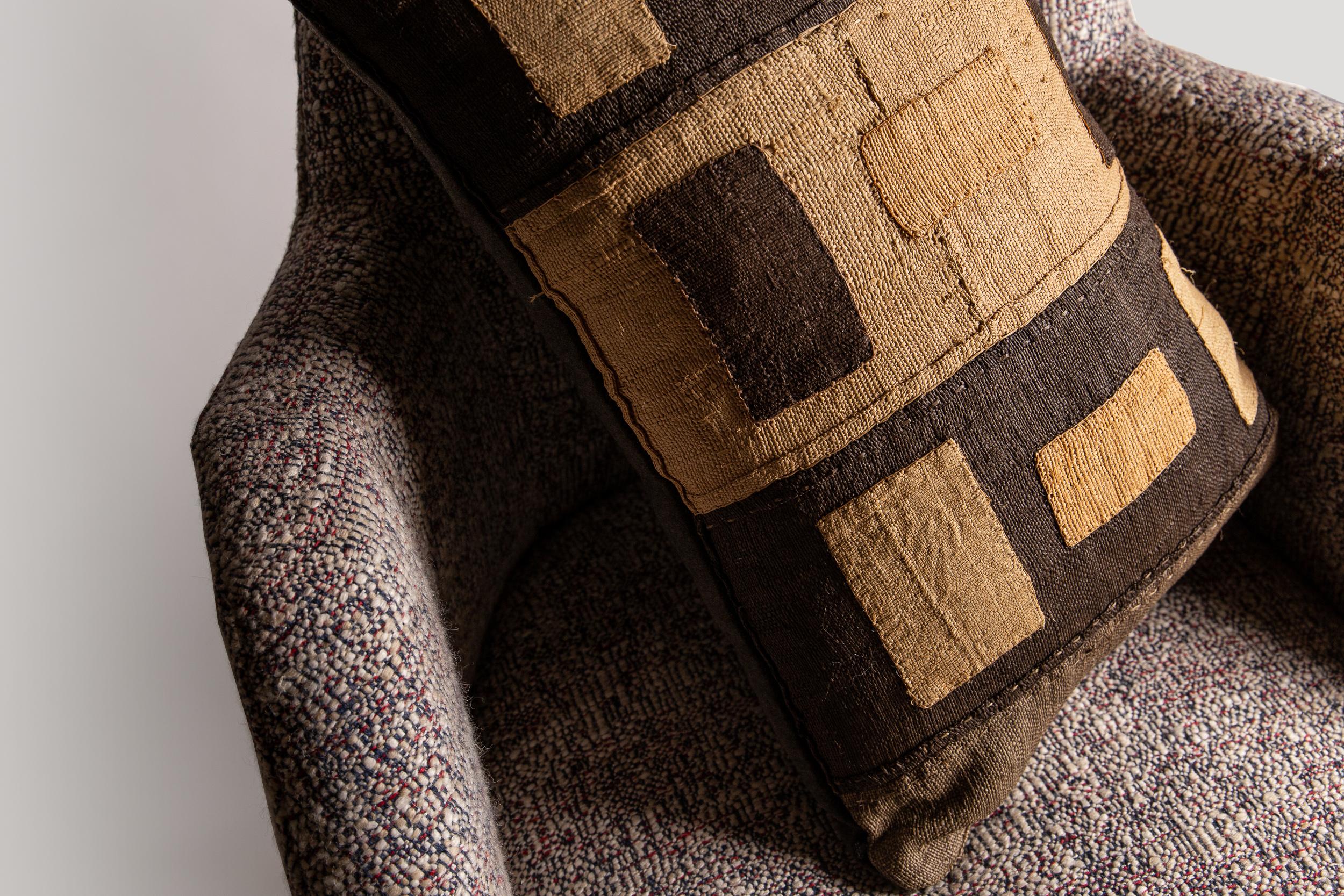 Contemporary 4 x Original 1940 Kuba Raffia Upholstered Feather Filled Cushion,  Mohair Back