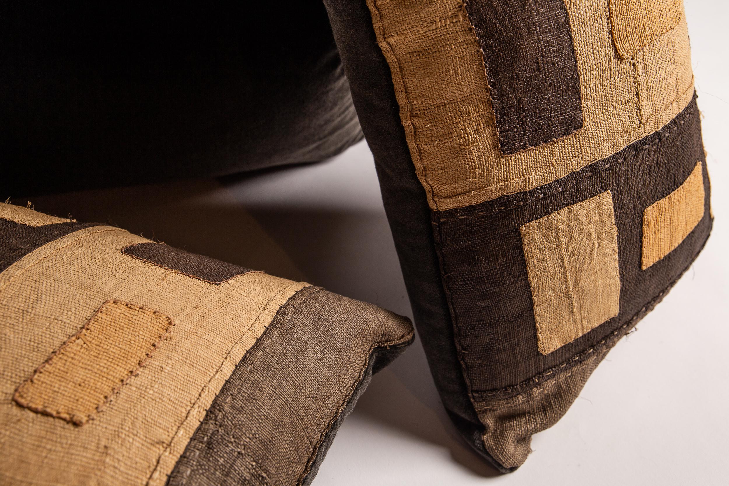 4 x Original 1940 Kuba Raffia Upholstered Feather Filled Cushion,  Mohair Back 1