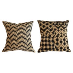 Kuba Shoowa Raffia Grass + Silk Pillows, Set of 2 (Congo), Hand-Sewn, Graphic