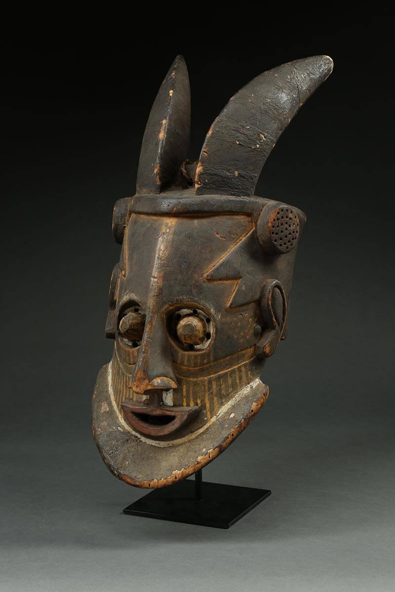 Hand-Carved Kuba Tribal Helmet Mask with Horns, Democratic Republic of Congo