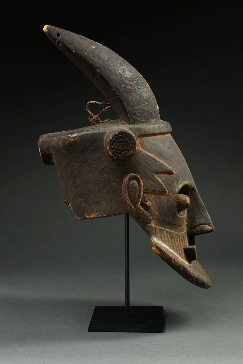 Wood Kuba Tribal Helmet Mask with Horns, Democratic Republic of Congo