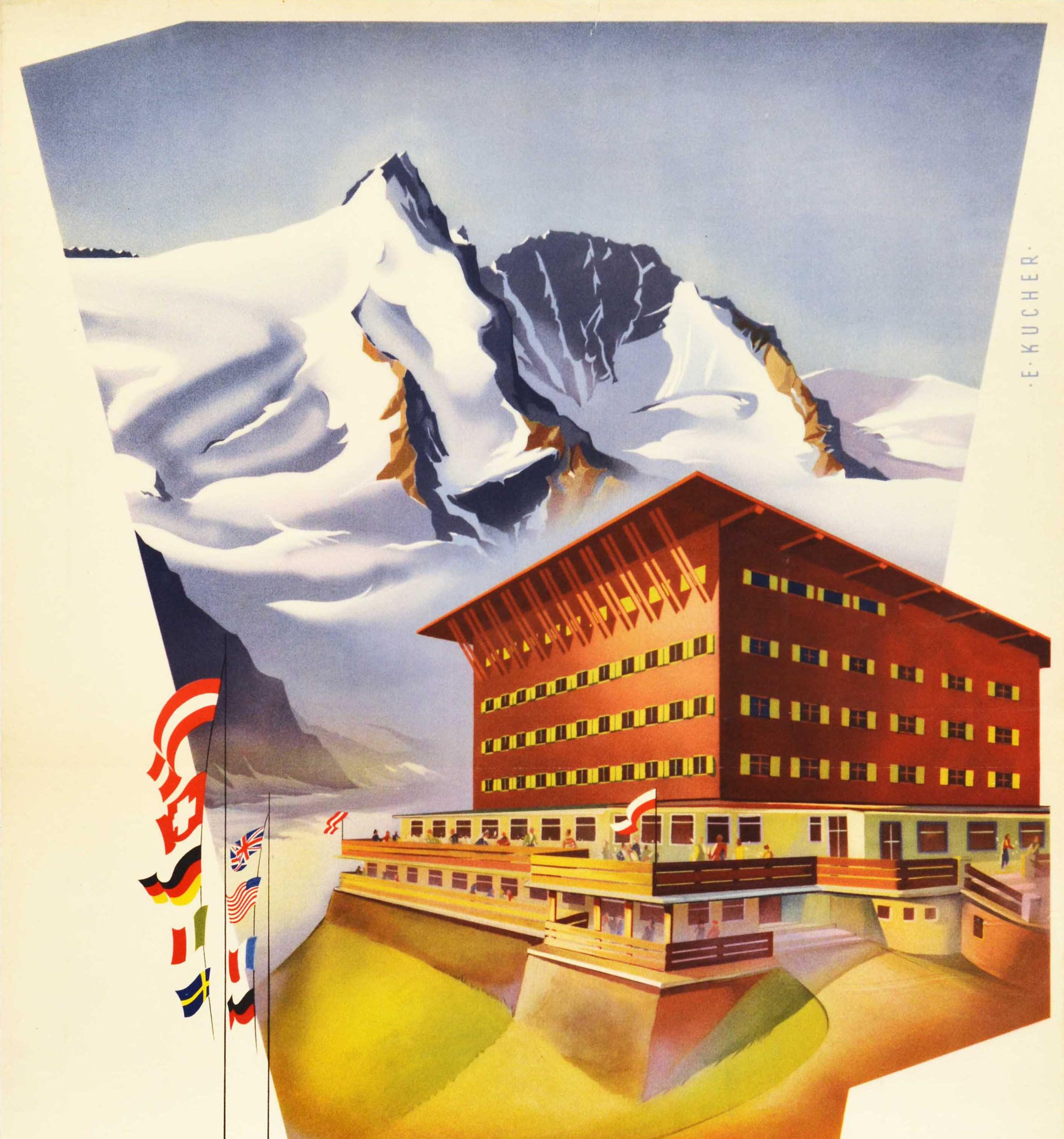 Poster vintage originale di viaggio per gli sport invernali di Karnten Austria Grossglockner 3798m Alpenhotel Kaiser-Franz-Josef-Haus con una splendida immagine dell'hotel alpino con persone sulla terrazza soleggiata che si godono la vista del