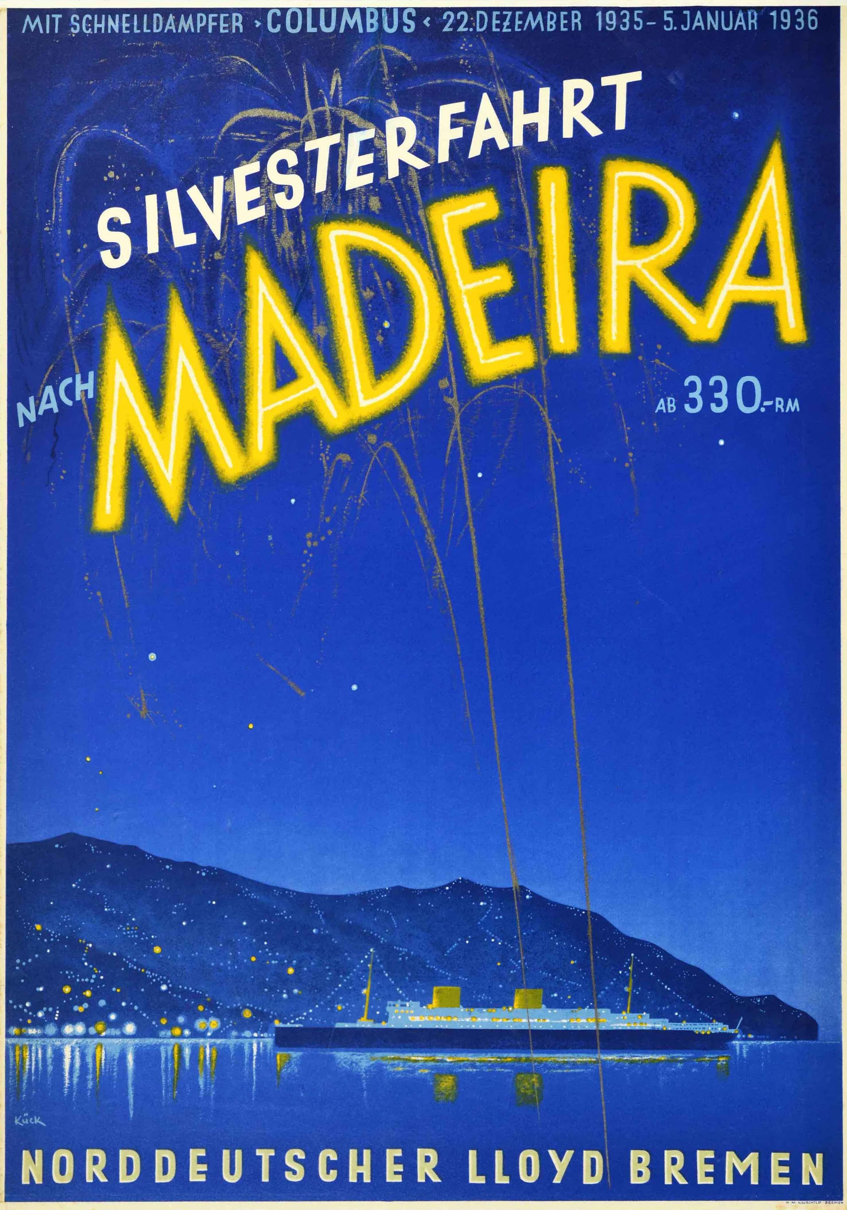 Kuck Print - Original Vintage Poster New Year Cruise To Madeira Steamship Columbus Fireworks