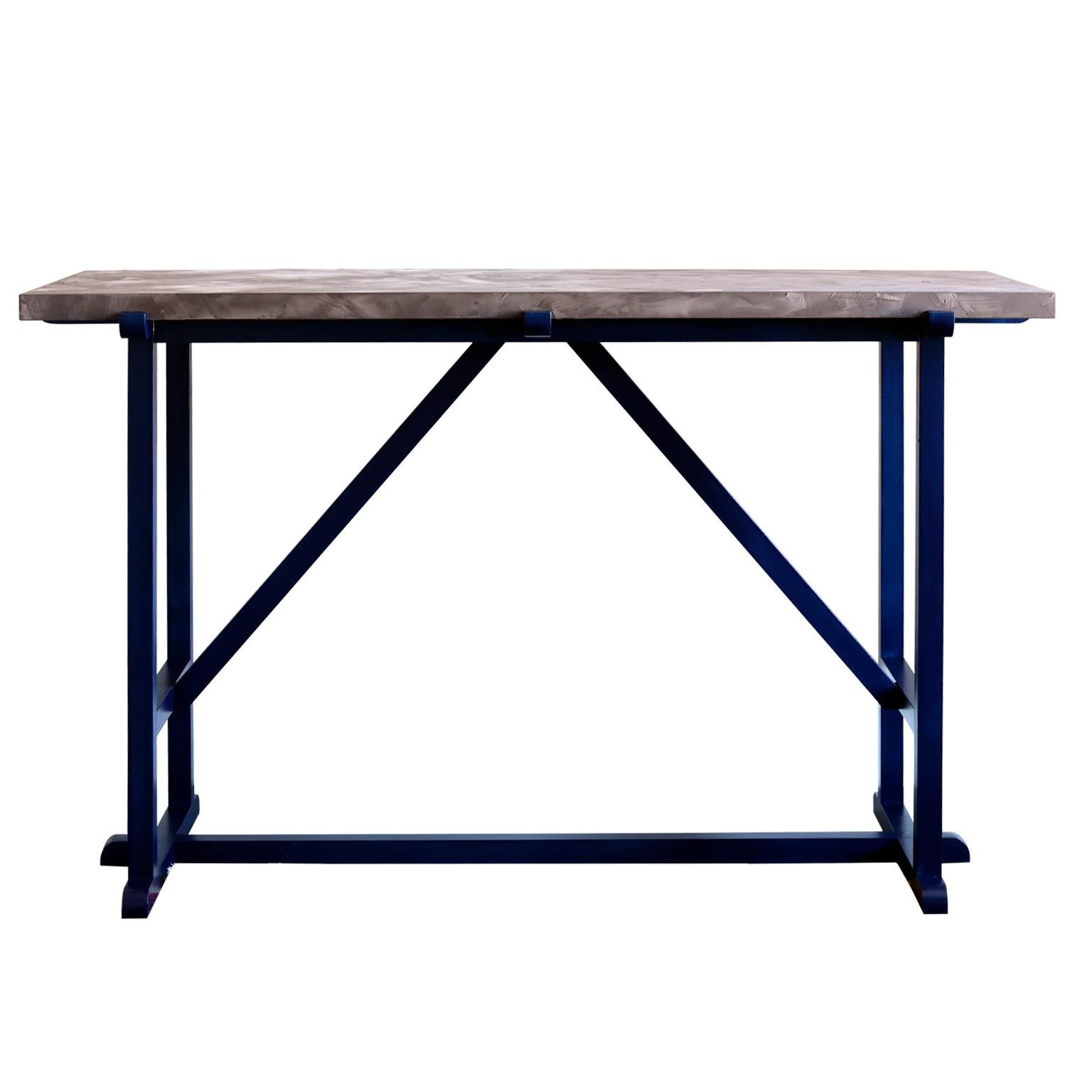 This console table is a perfect addition to your creative interior. A beautifully textured wood top sits on a lacquered finish base. The design is minimal, yet commanding. 
Each table is handcrafted and finished. 
A wide range of finish colours