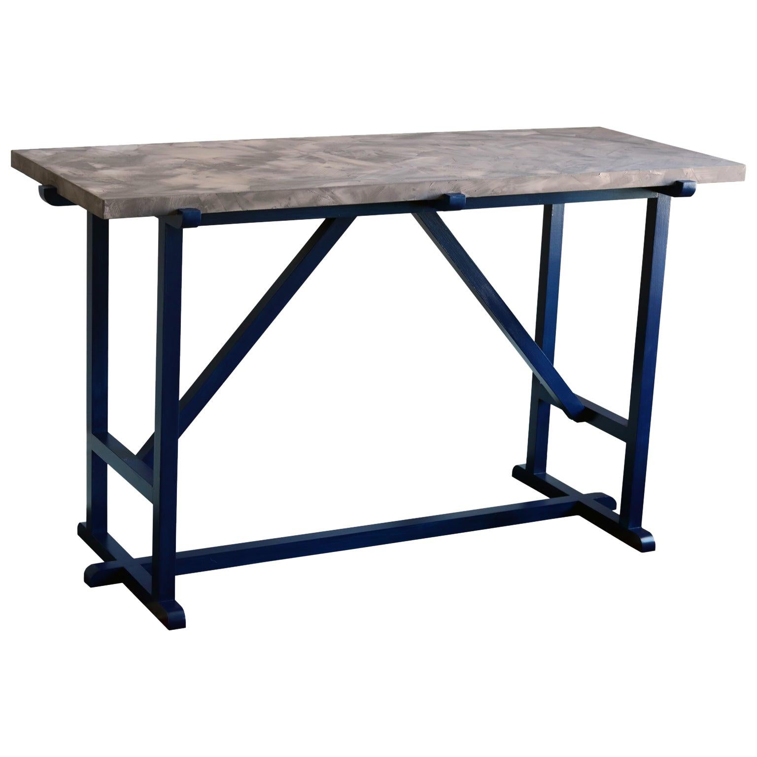 Kudra Wood Console Table With Aubergine Purple Textured Top And Ink Blue Lacquer For Sale