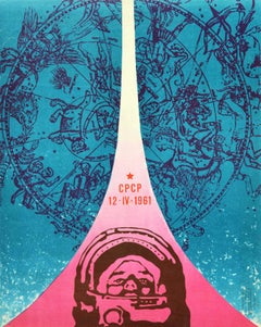 Affiche spatiale originale rétro originale Gagarin 12 IV 1961, Constellation astrologique