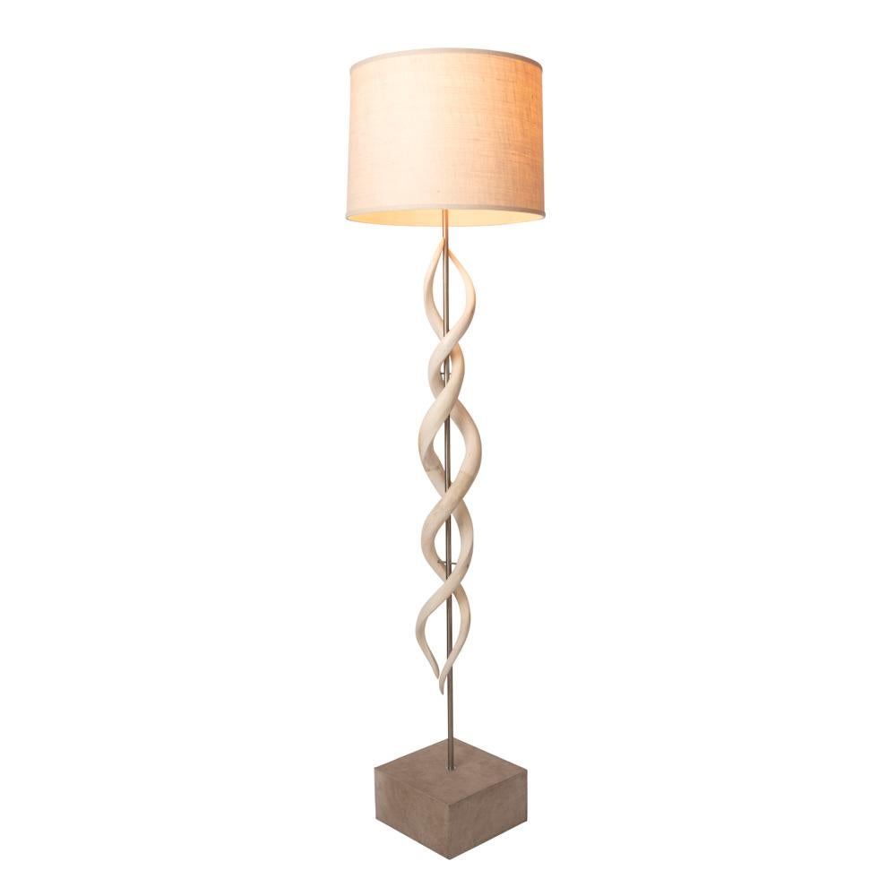 Handcrafted in South Africa, this naturally elegant floor lamp features four intertwined African kudu inner horns that appear to be suspended above the wooden base, which is wrapped in top-stitched hair-on cowhide. All hide and horn has been