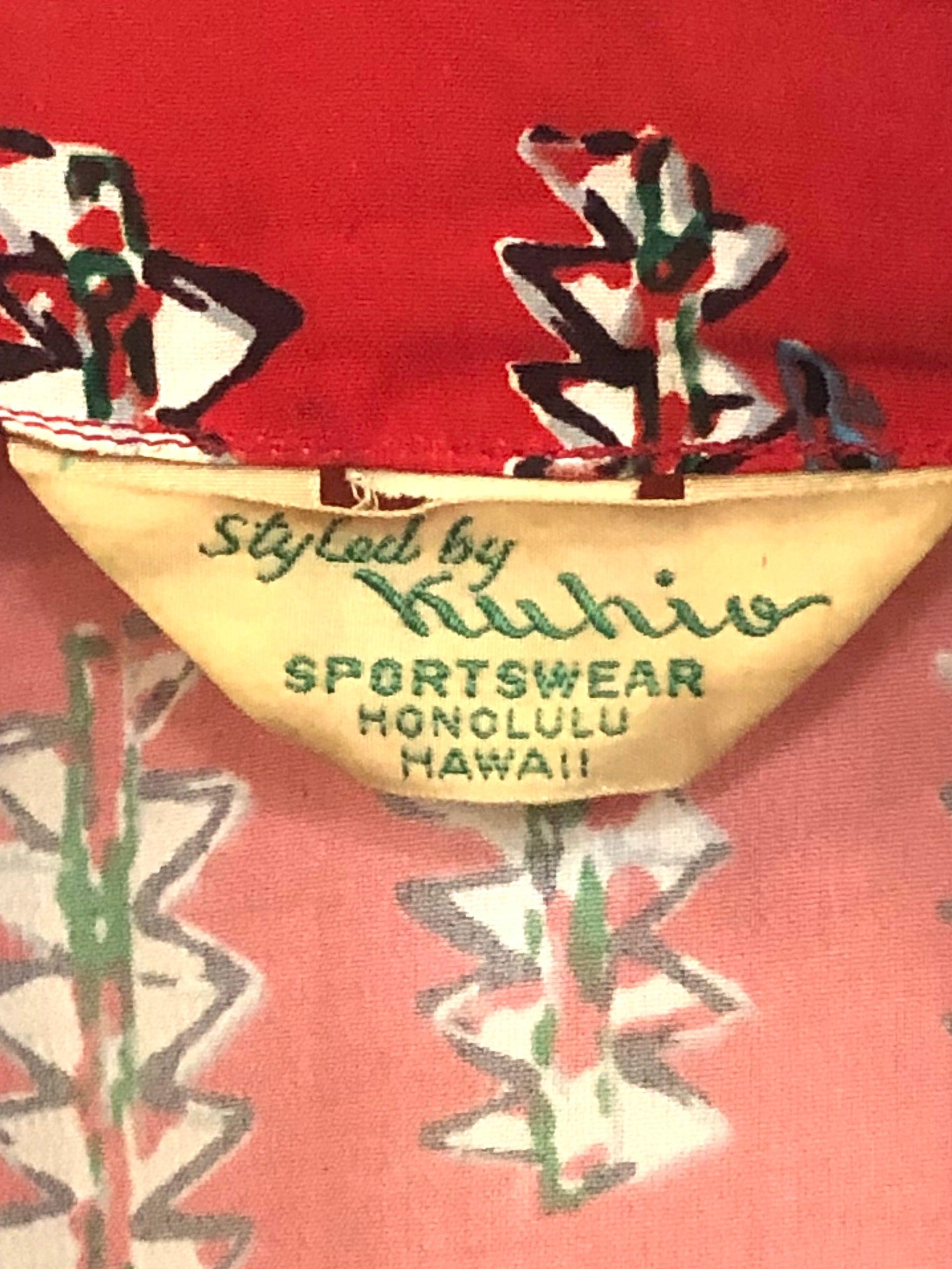 Kuhio Hawaii Roter Seideneffekt Pake Muu, 1950er Jahre Damen im Angebot