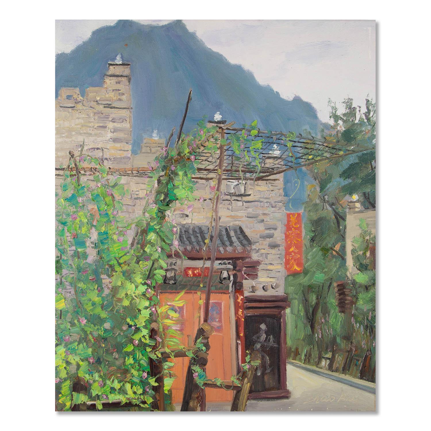 This painting depicts a serene countryside scene from China. The red Duilian on the door in the foreground catches the viewer's eye and adds a touch of liveliness to the otherwise tranquil setting. The overall mood of the painting is one of peaceful