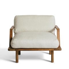 Kuki Armchair Handmade in Teak Linen Rattan Scandi Style, In Stock